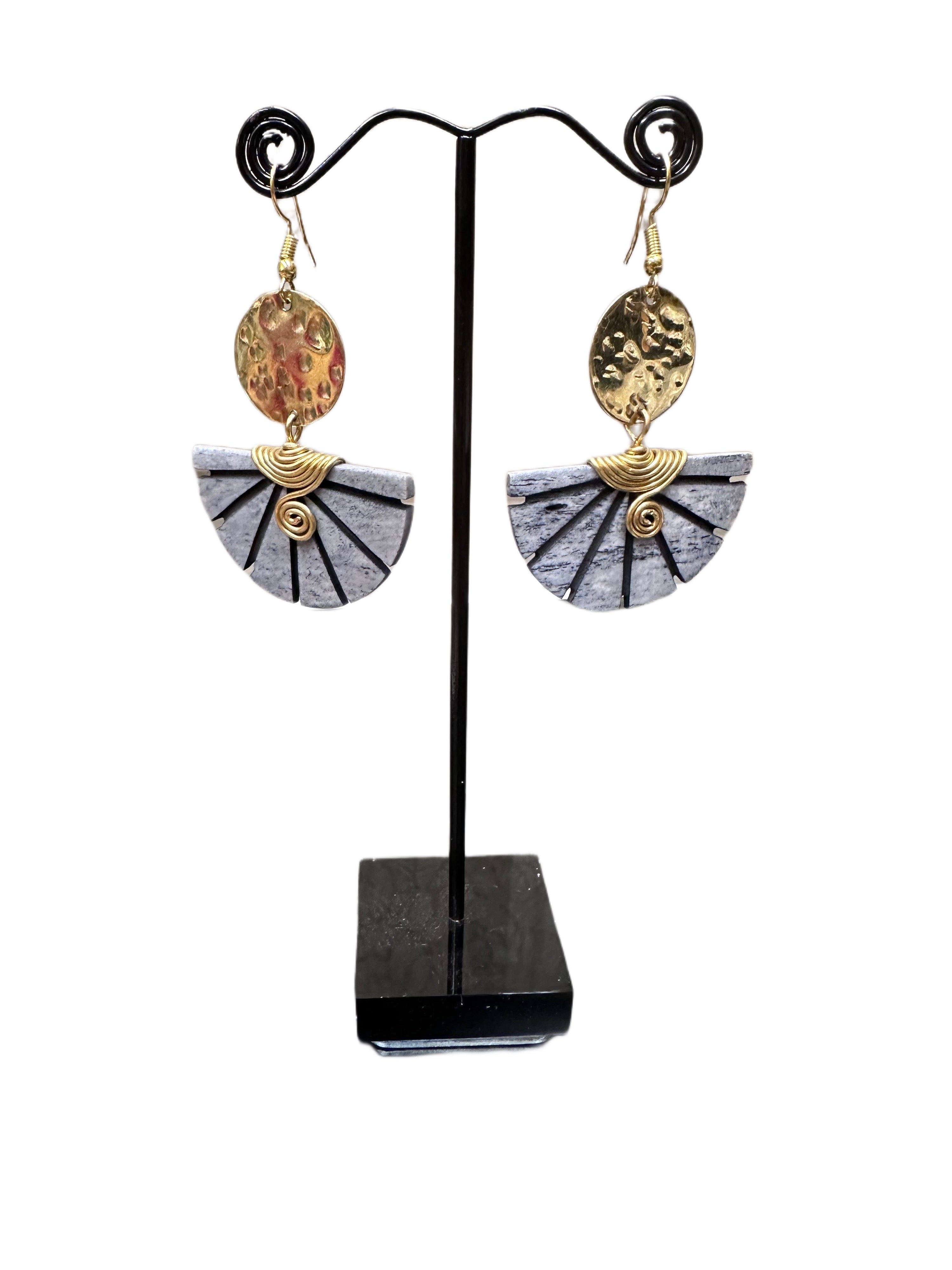 Carved Bone & Brass Earrings
