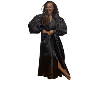 Black Semi-Sheer Puff Shoulder Belted Trench Coat Dress