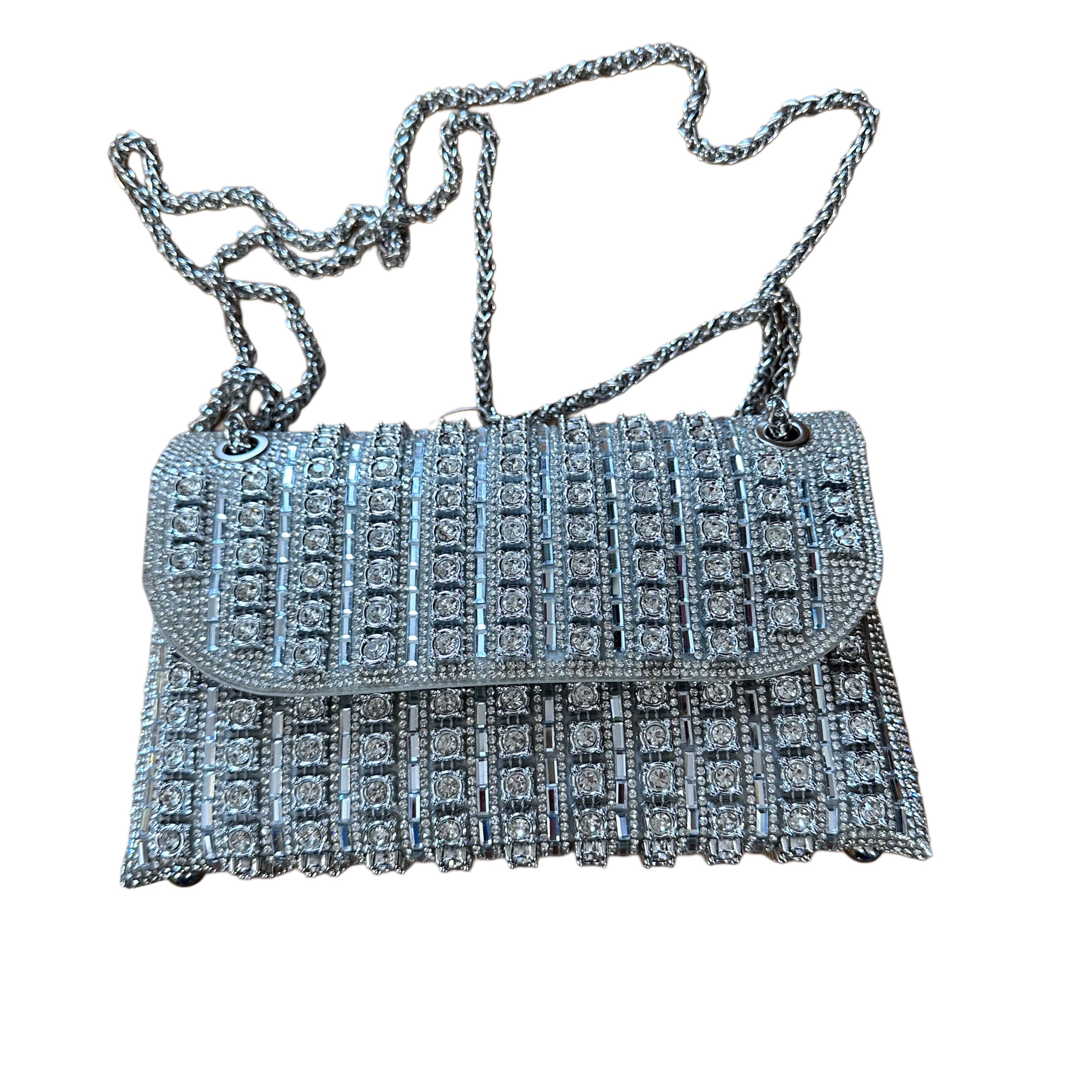 Rhinestone Evening Bag With Chain Silver