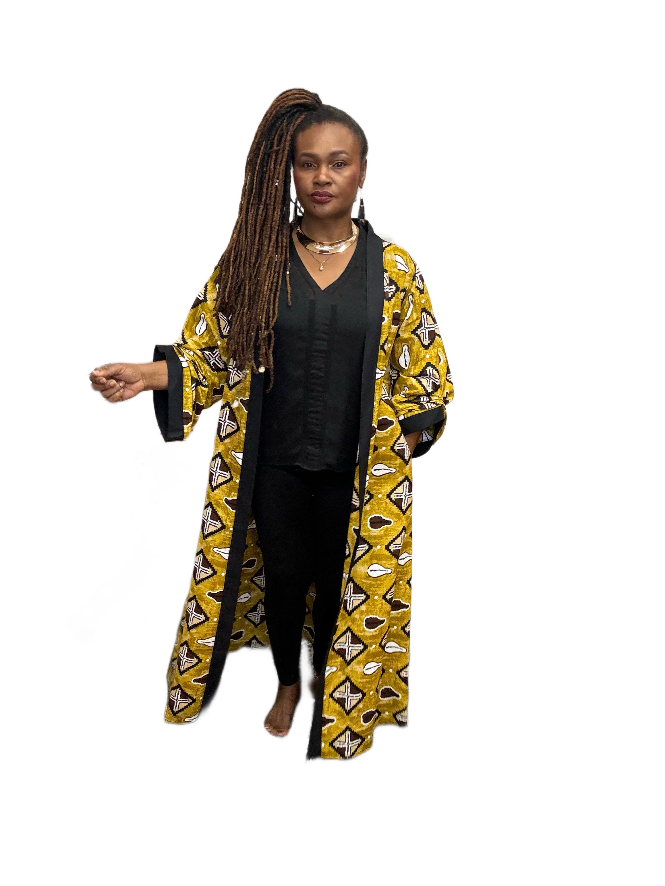 One Size Open Multi Print Duster With Black Trim