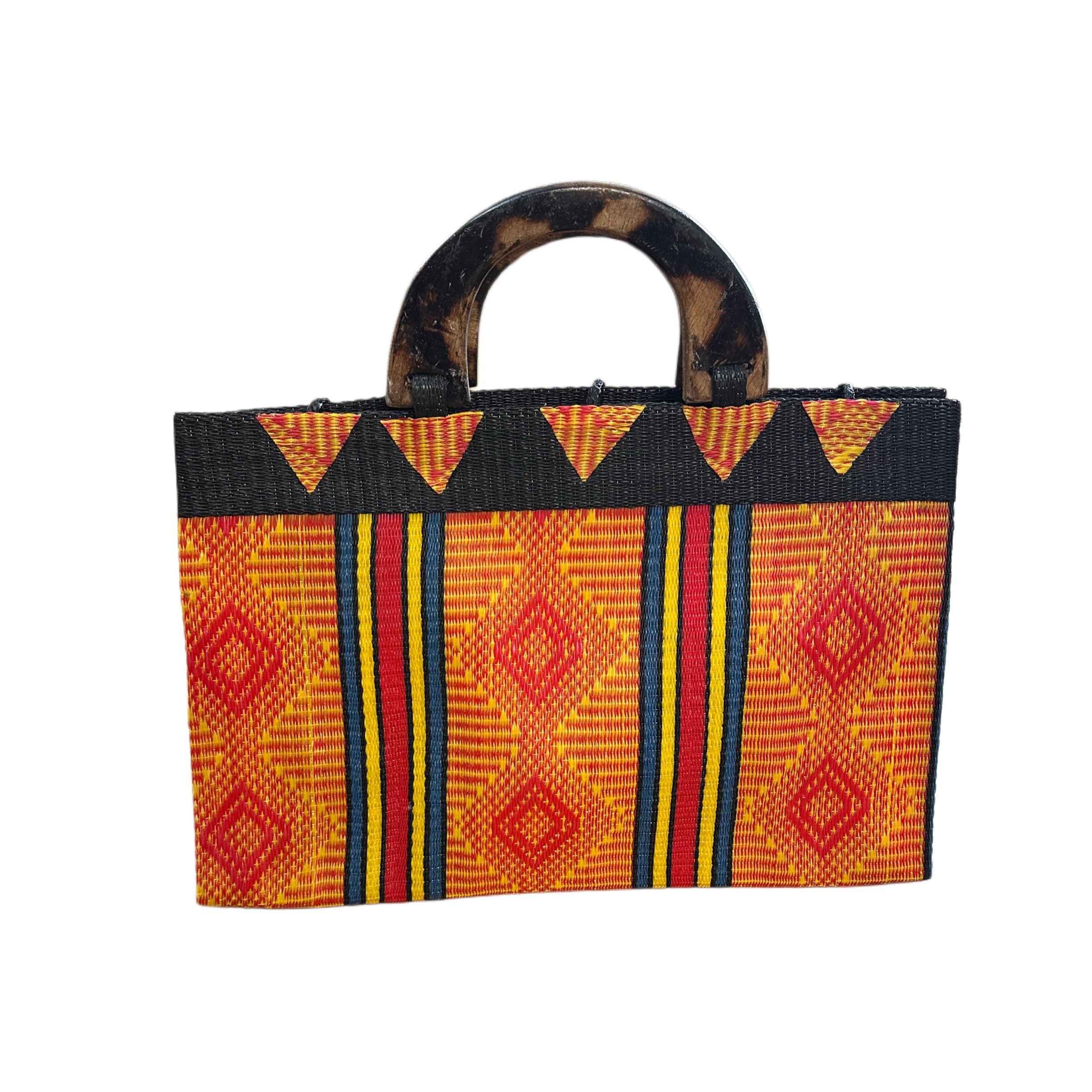 Red Handwoven Recycled Tote Bag With Carved Wood Handles