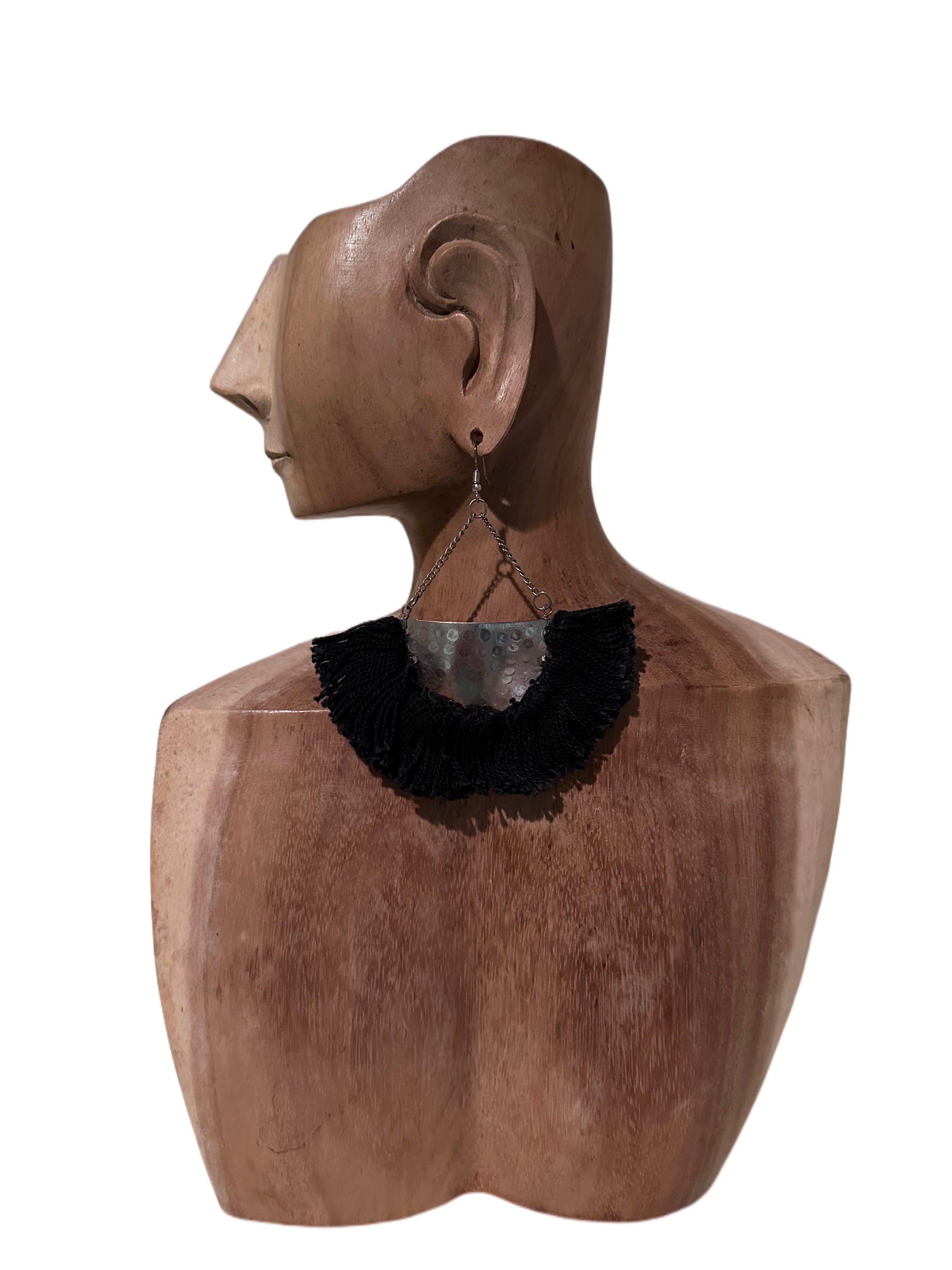 Pewter & Yarn Dangling Fringe Earrings