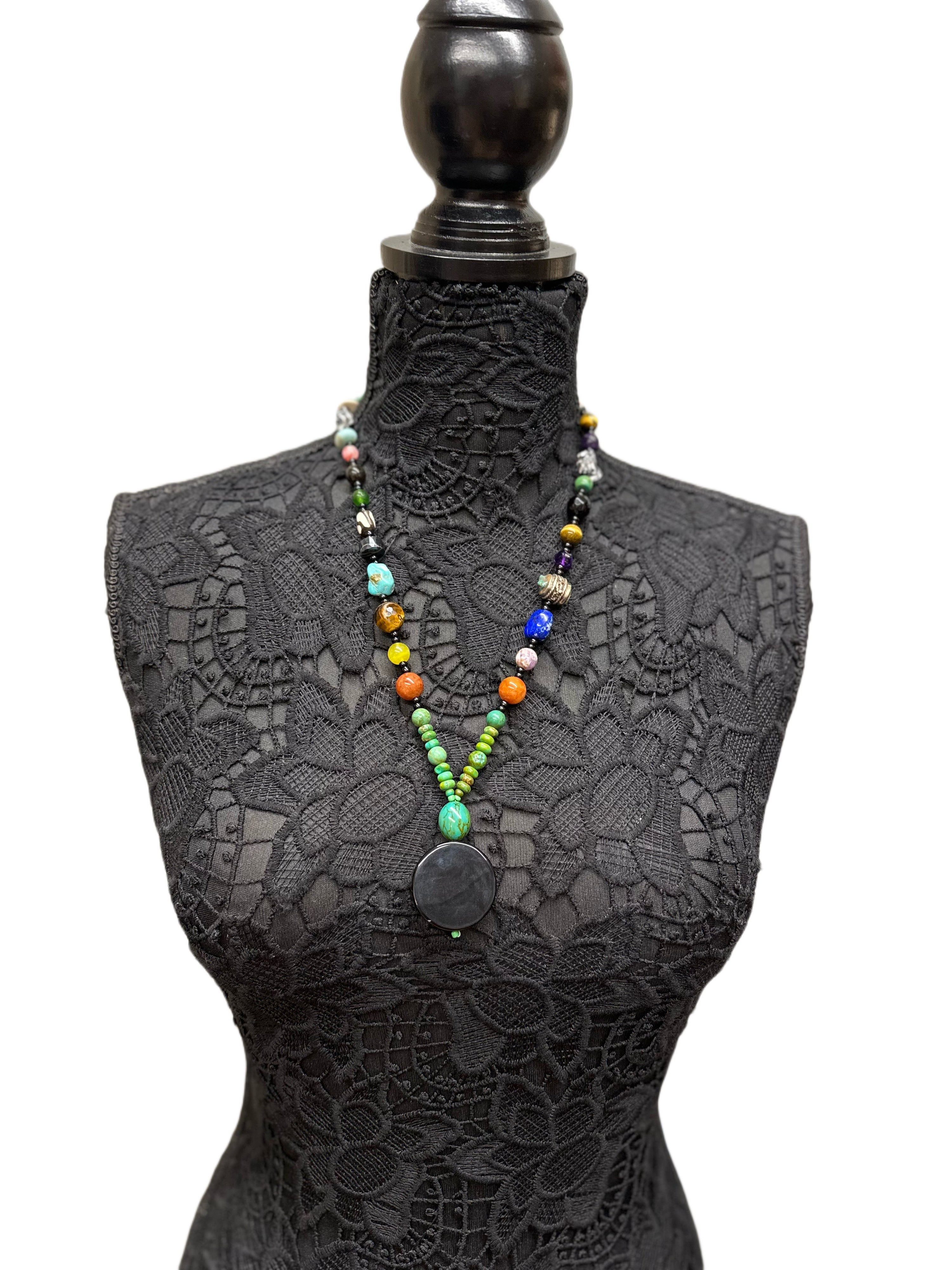 Handmade Multi Stone Necklace with Black Onyx Pendant