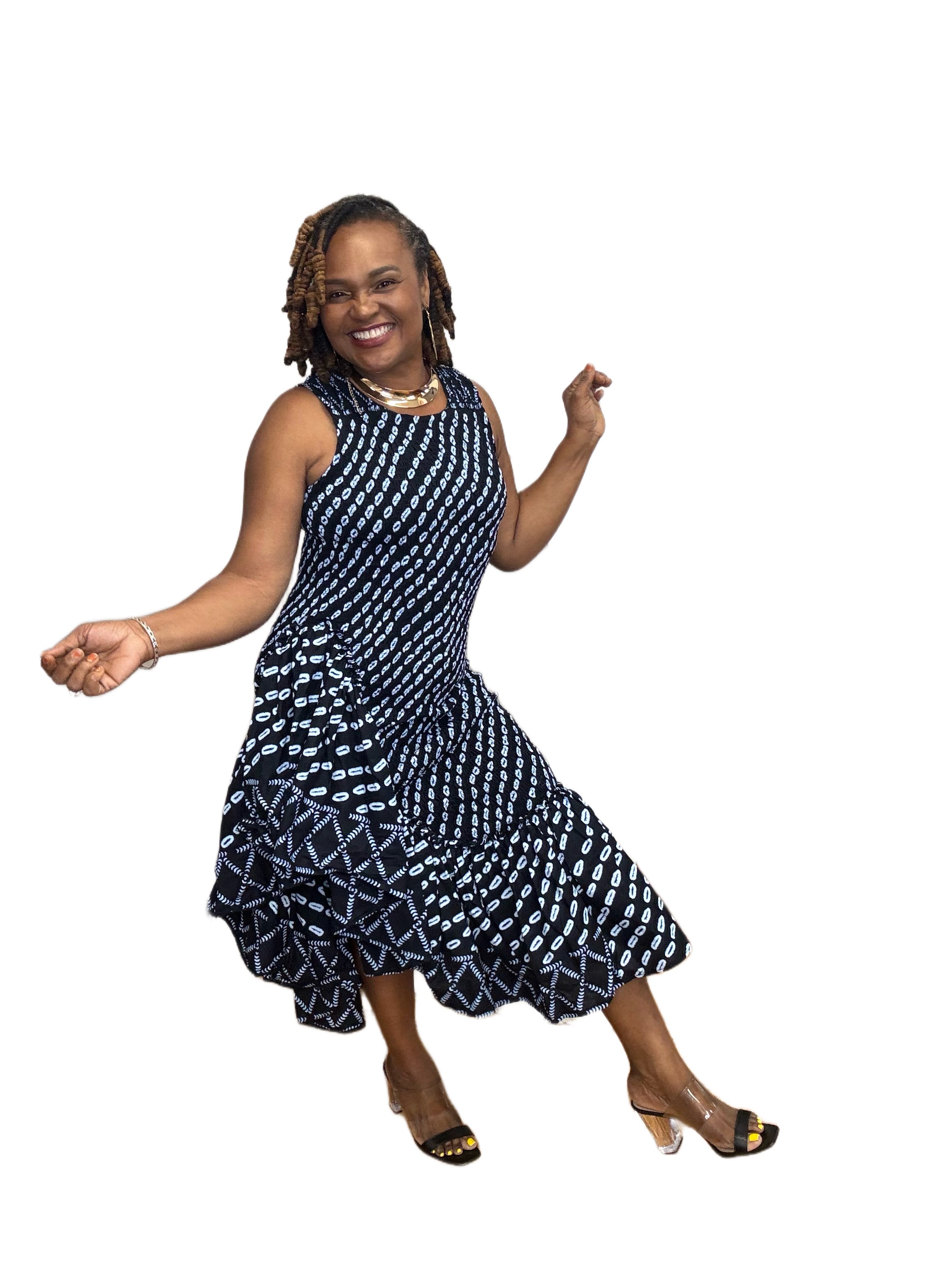 Smocked Ruffle Medi Dress Blue & White