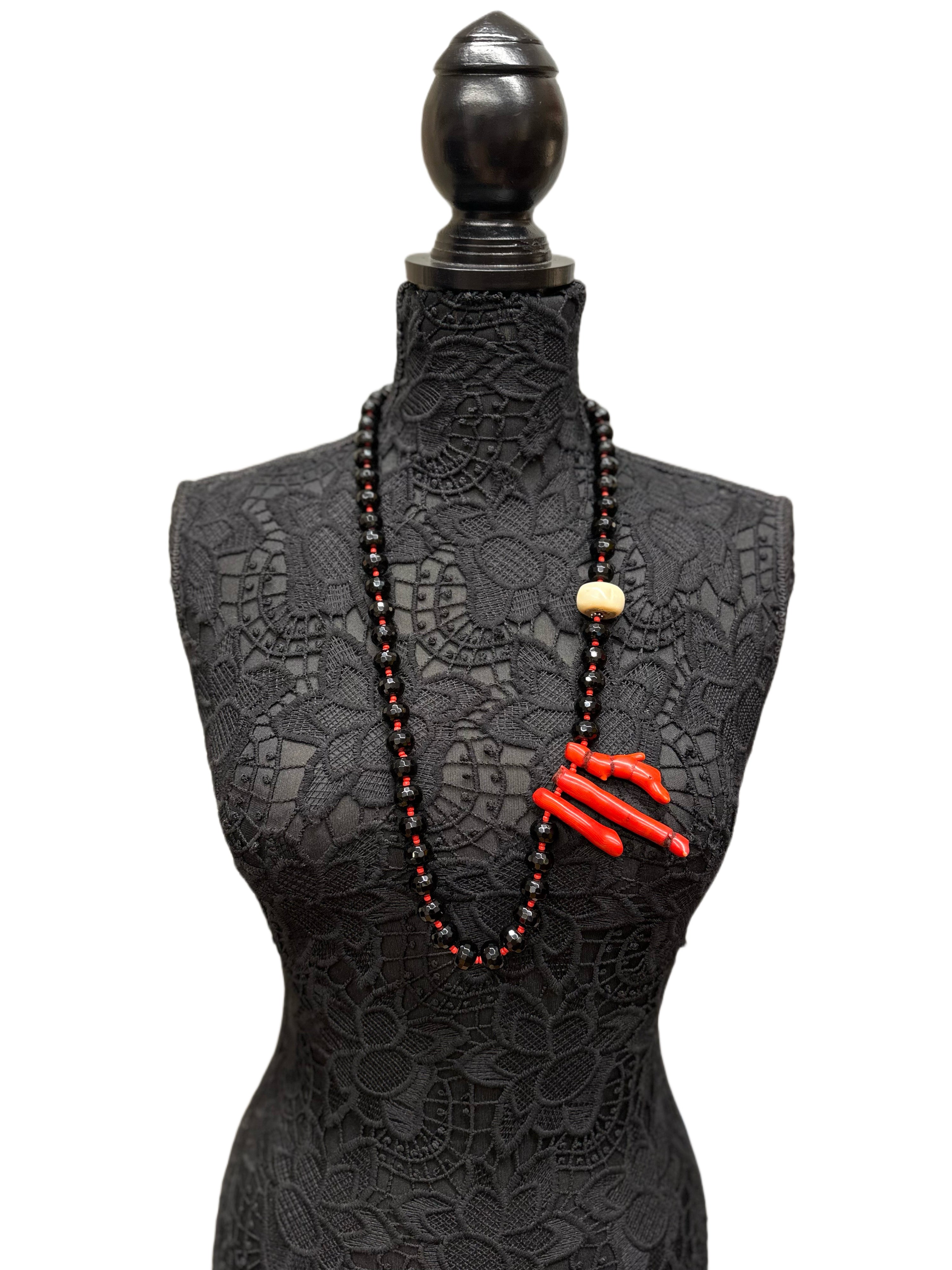 Long Red Coral & Crystal Cut Black Onyx Handmade Beaded Necklace with Brass Clasp