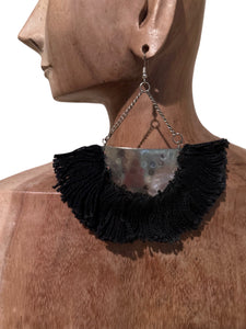 Pewter & Yarn Dangling Fringe Earrings