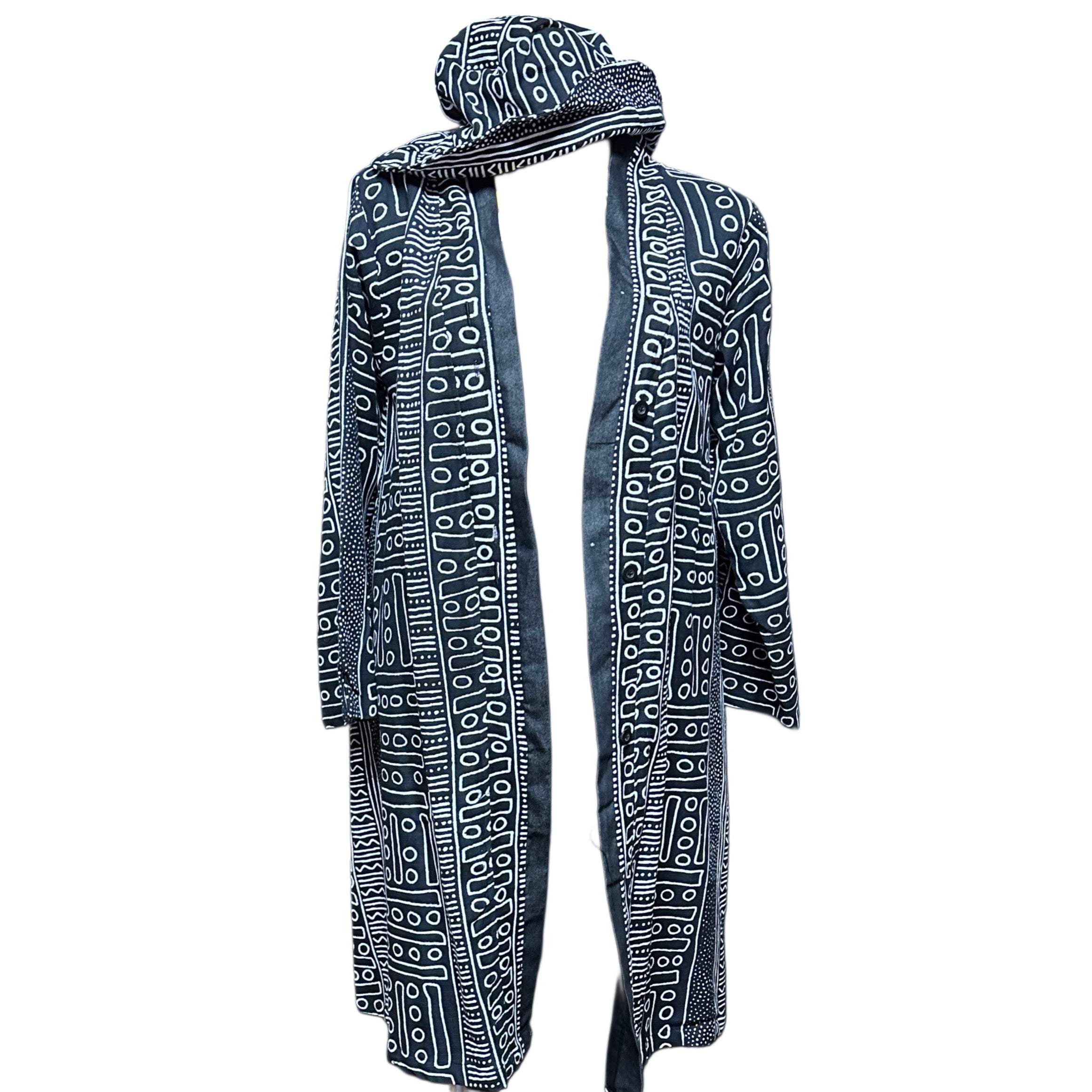 Mud Cloth long Sleeve Button Front Jacket & Hat Set Black & White Print
