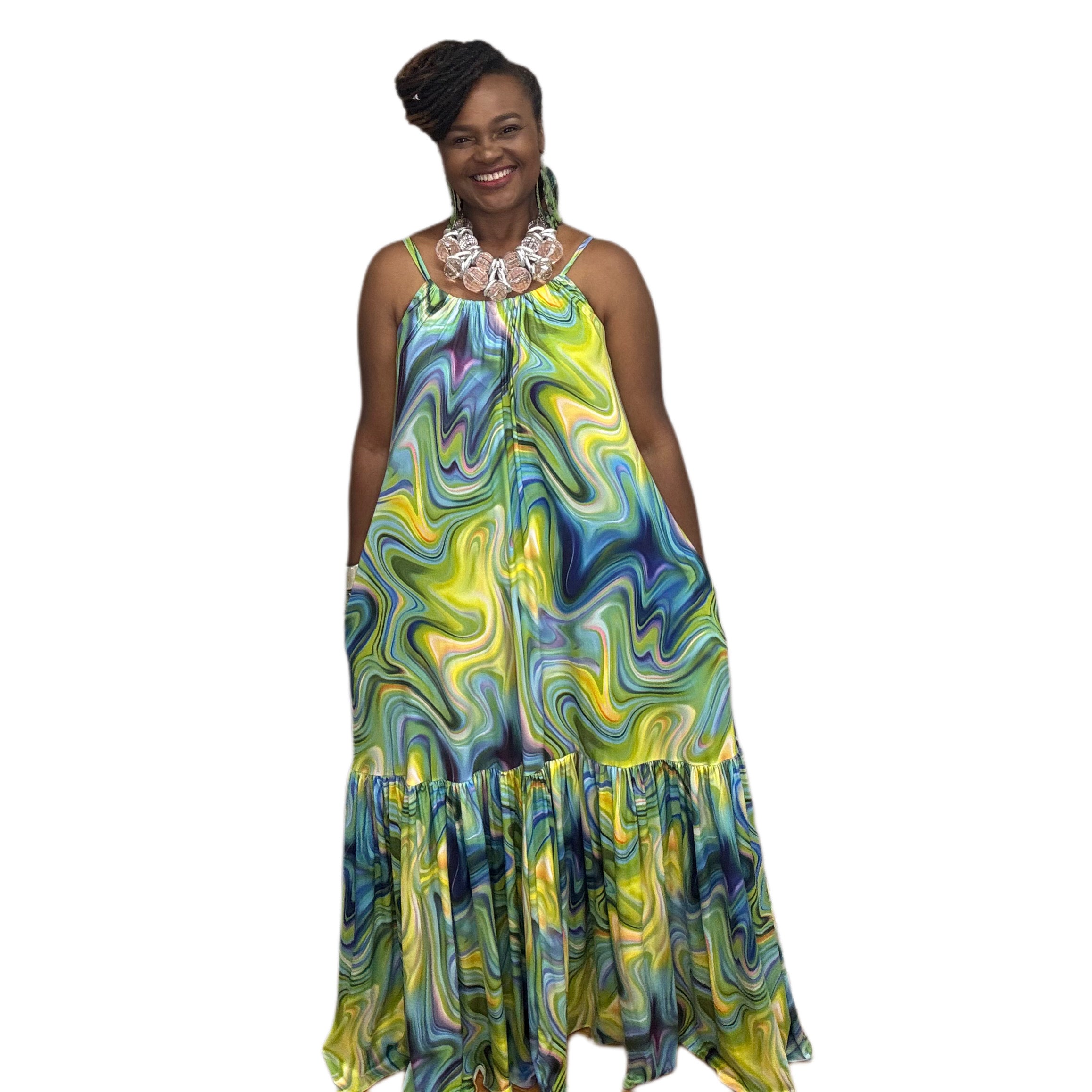 Adjustable Strap Maxi Dress Blue Green Multi