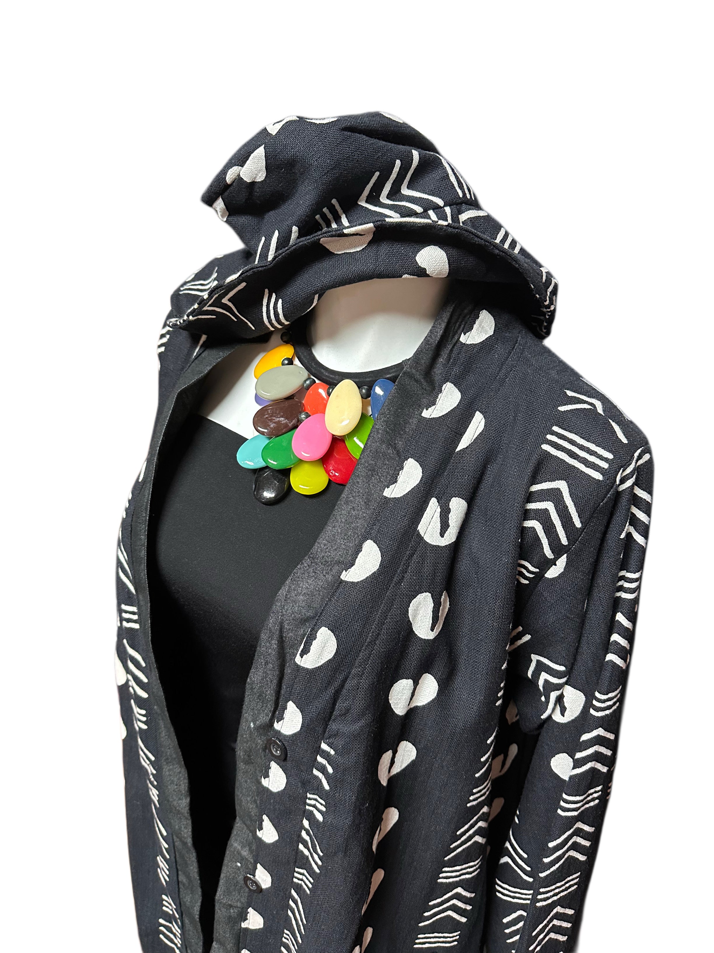 Mud Cloth long Sleeve Button Front Jacket & Hat Set Black Cowrie Print