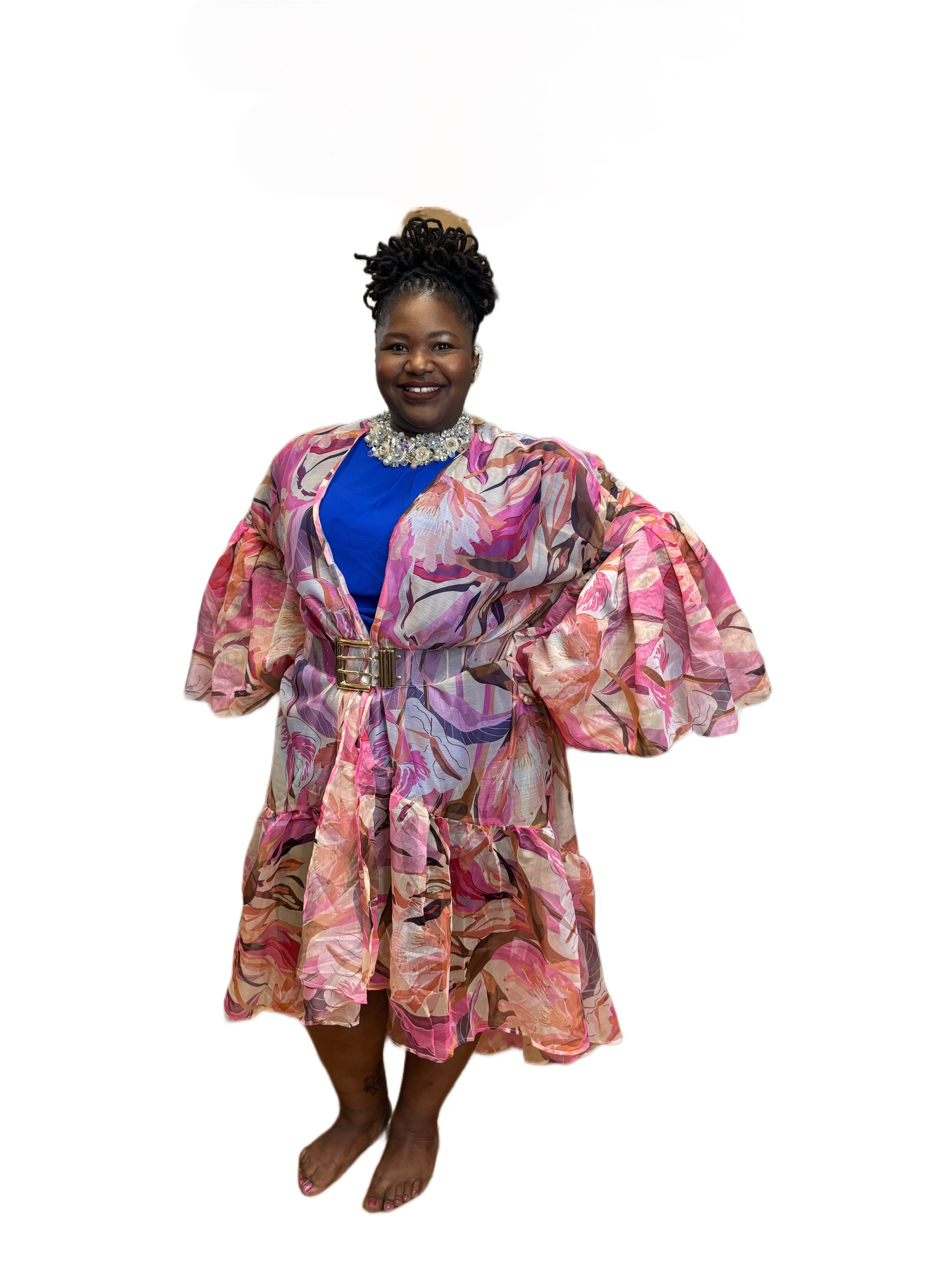 Sheer Print High Low Ruffle Sleeve Duster