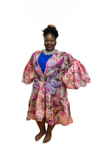 Sheer Print High Low Ruffle Sleeve Duster