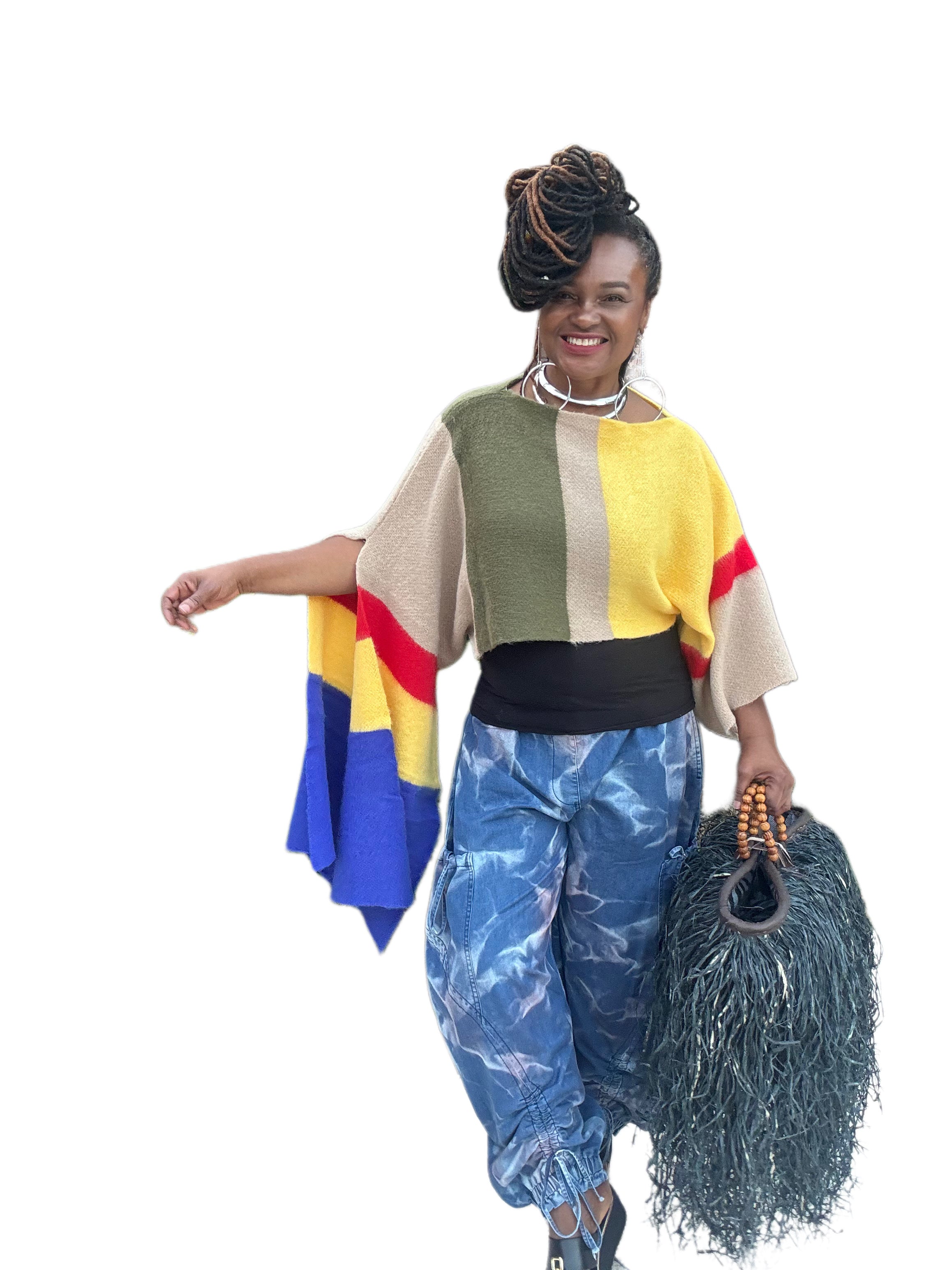 Cropped Slit Sleeve Sweater Blue Multi