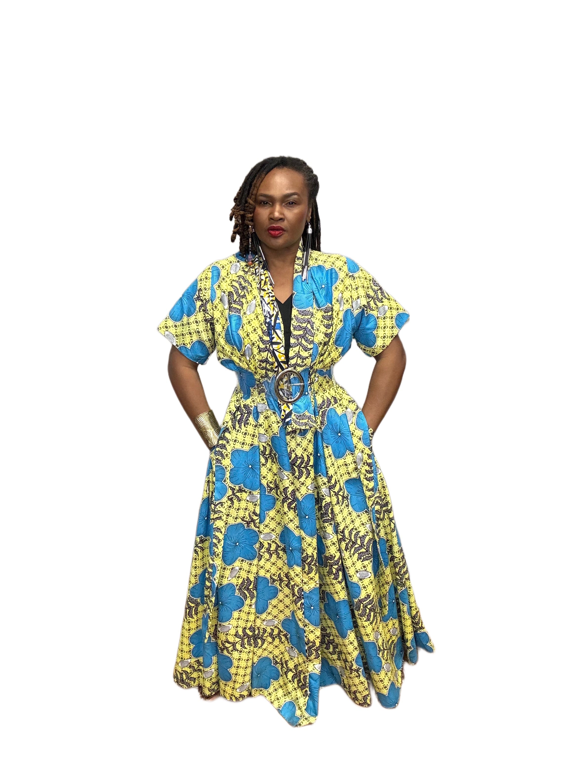 Reversible Handmade Short Sleeve Wrap Dress Blue & Yellow Print Chikodi's World Reversible Handmade Short Sleeve Wrap Dress Blue & Yellow Print Chikodi's World