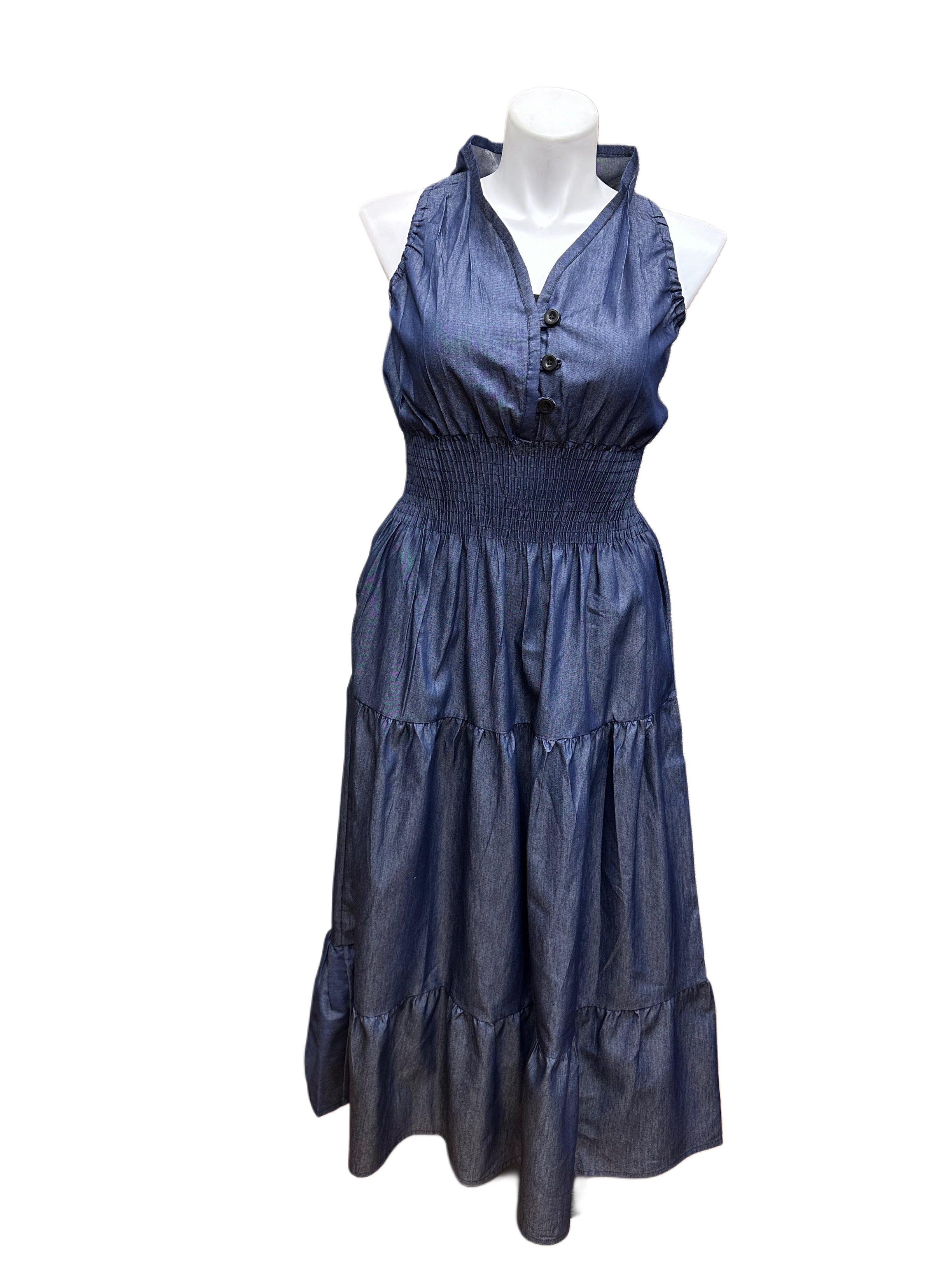 Sleeveless Denim 3-Button Dress