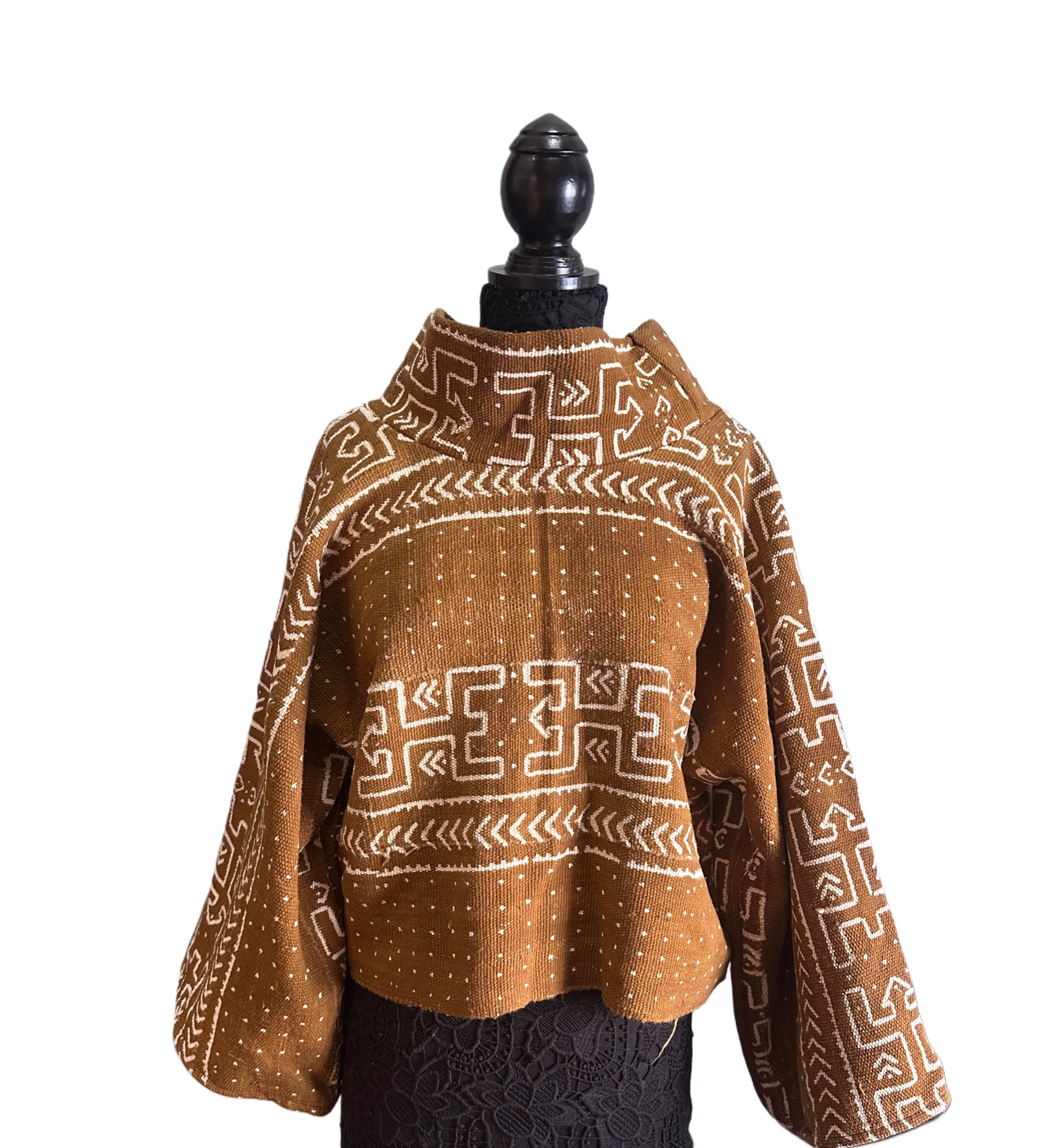 Cropped Mud Cloth Shrug with High Neck Brown & Cream