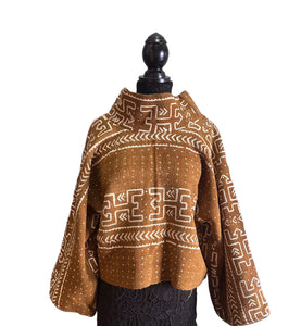 Cropped Mud Cloth Shrug with High Neck Brown & Cream