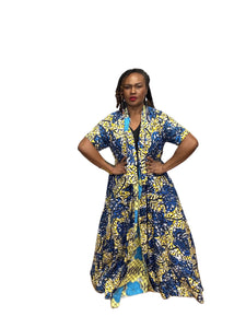 Reversible Handmade Short Sleeve Wrap Dress Blue & Yellow Print