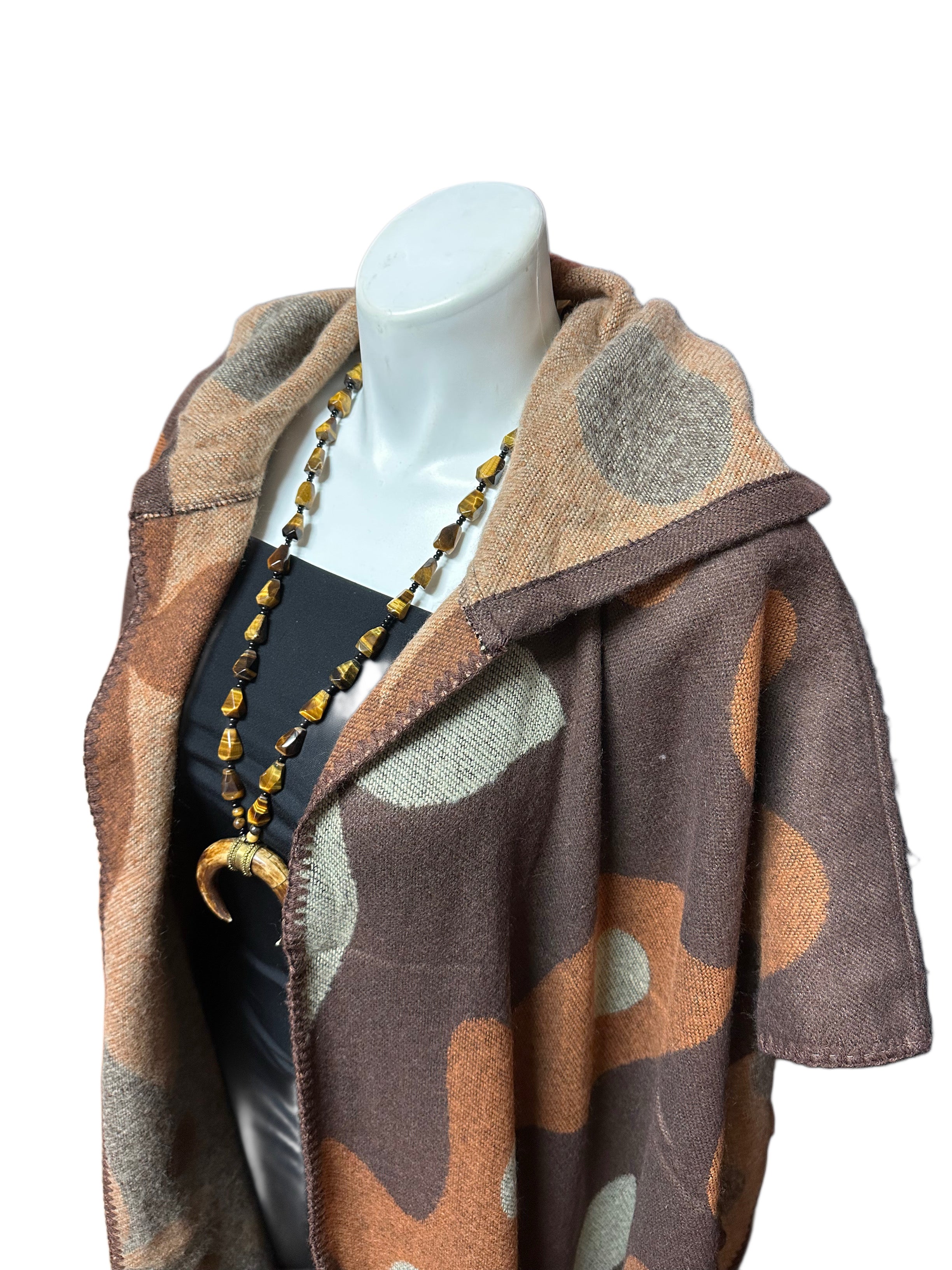 Brown Print Hooded Long Sweater Shawl