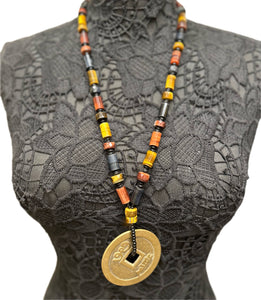 Long Handmade Tigers Eye Beaded Necklace with Large Asian Coin Pendant
