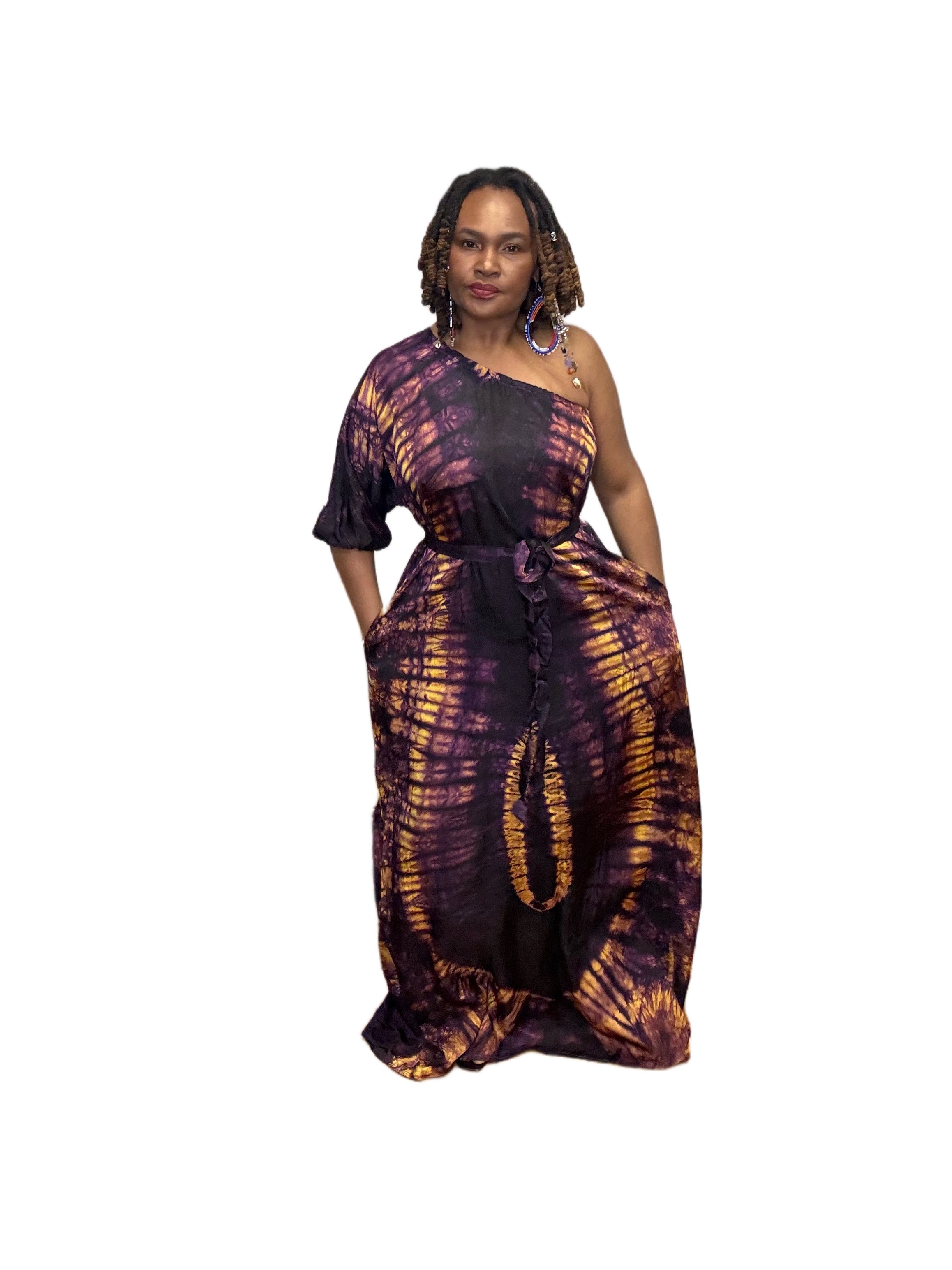 Adire’ One Shoulder Dress with Belt