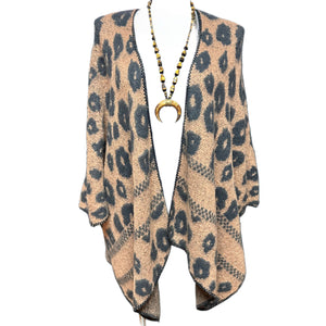 Cozy Animal Print Shawl Cardigan Brown