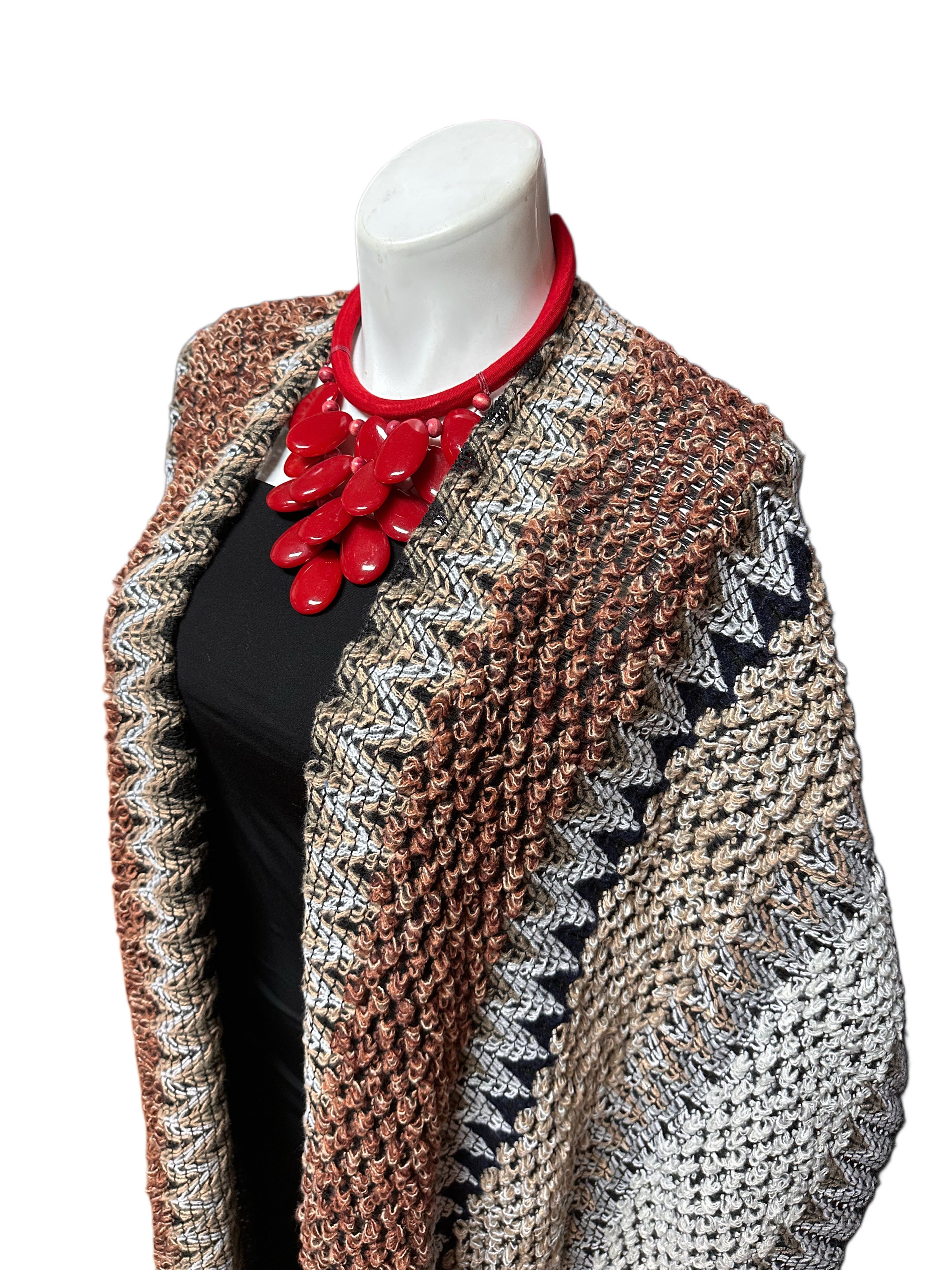 Long Knit Sweater Duster With Tassels Brown Multi