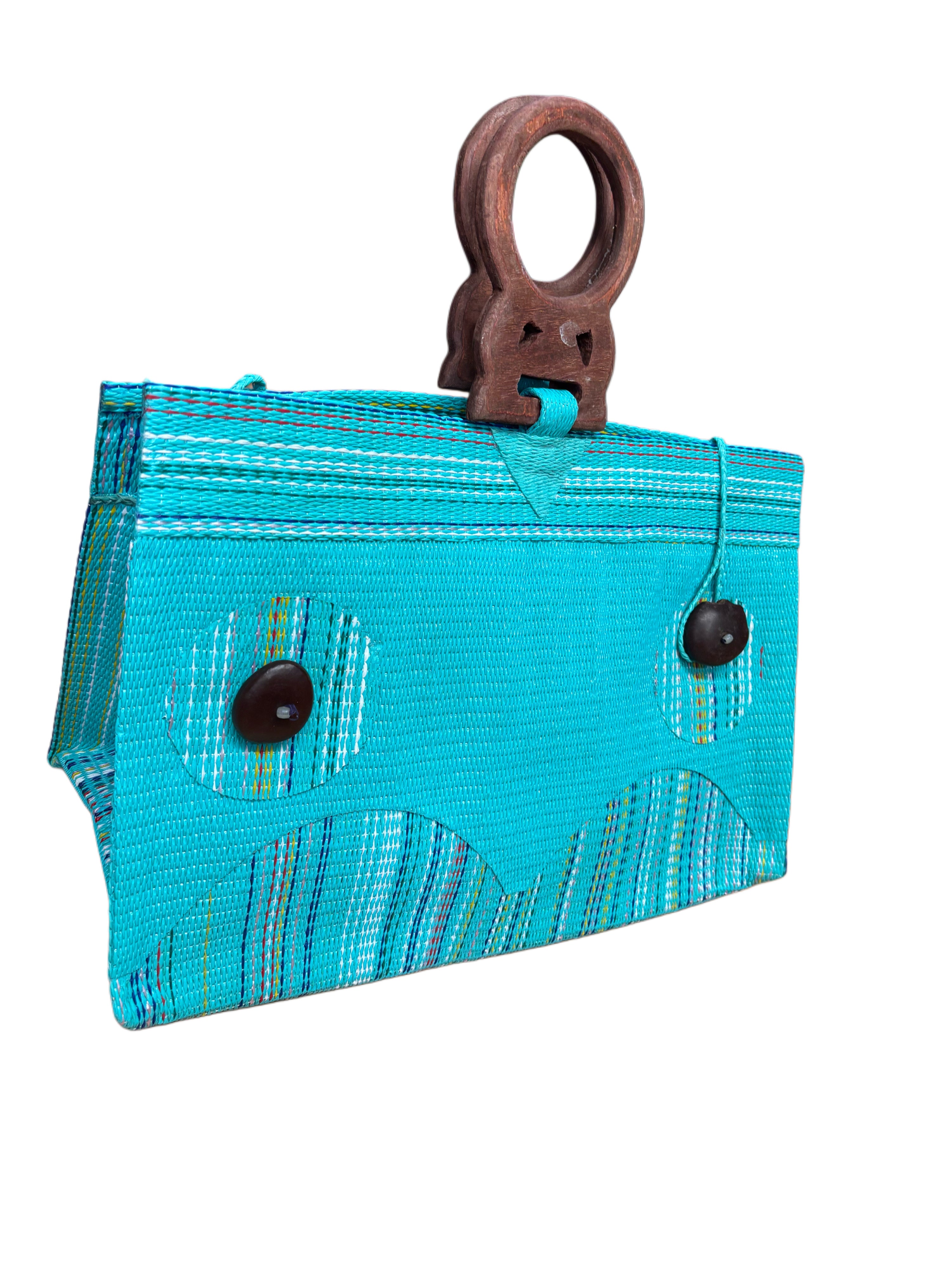 Turquoise Handwoven Recycled Tote Bag With Carved Wood Handles