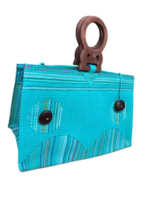 Turquoise Handwoven Recycled Tote Bag With Carved Wood Handles