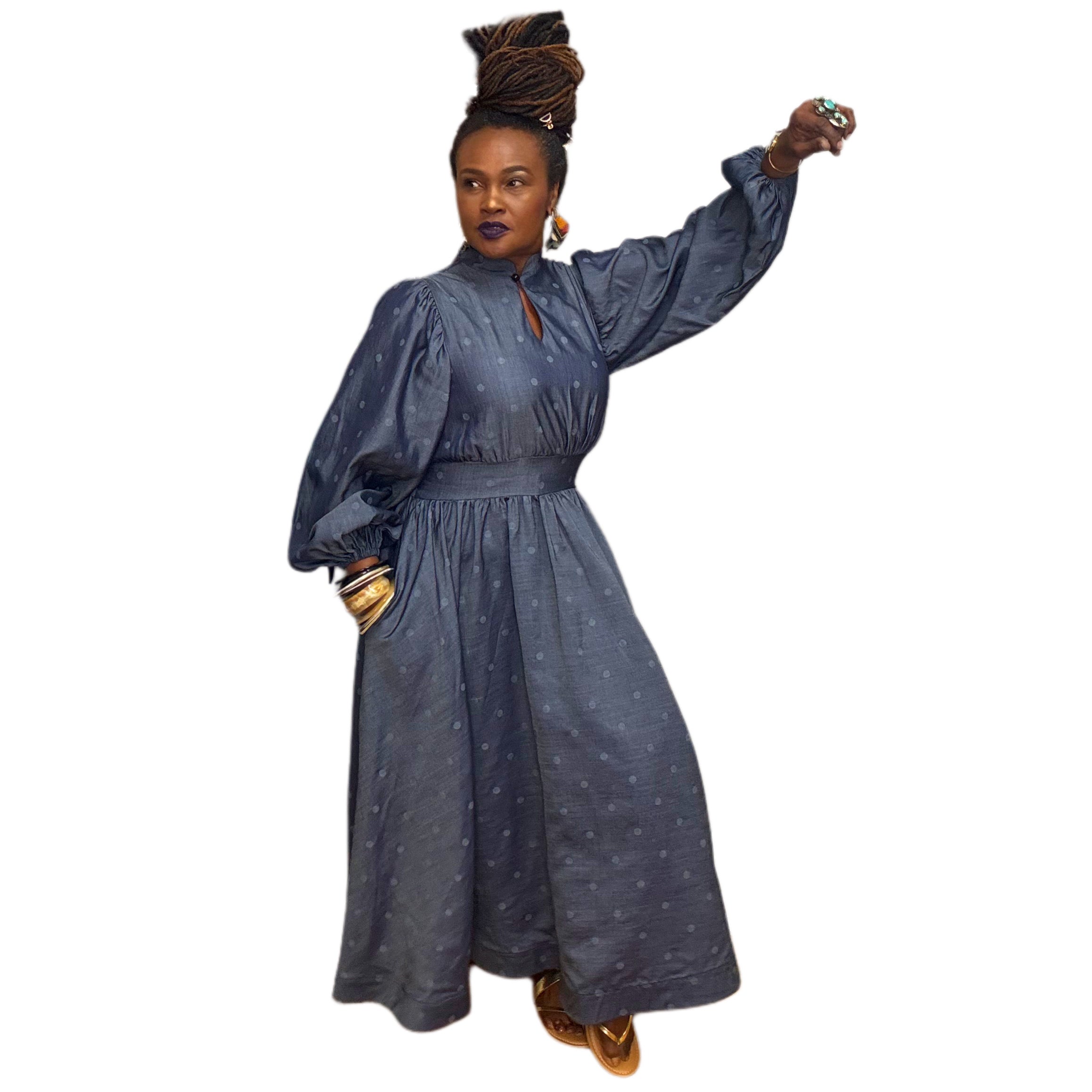 Long Sleeve Denim Subtle Dot Maxi Dress