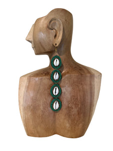 Long Handmade Beaded Cowrie Earrings Green