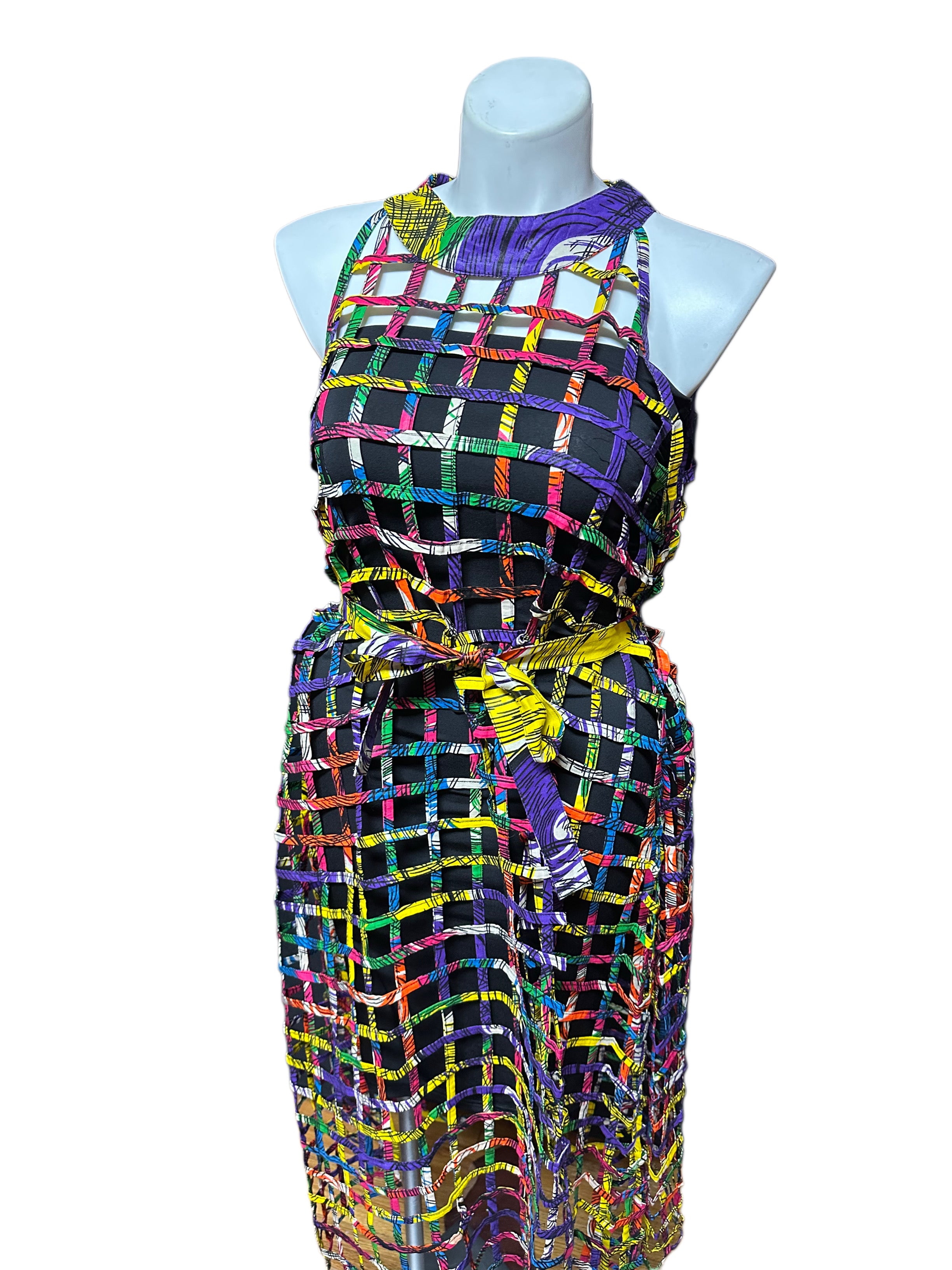 Ankara Tie Neck Cage Dress With Belt