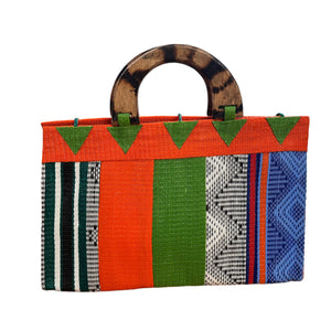 Yellow & Black Handwoven Recycled Tote Bag With Carved Wood Handles