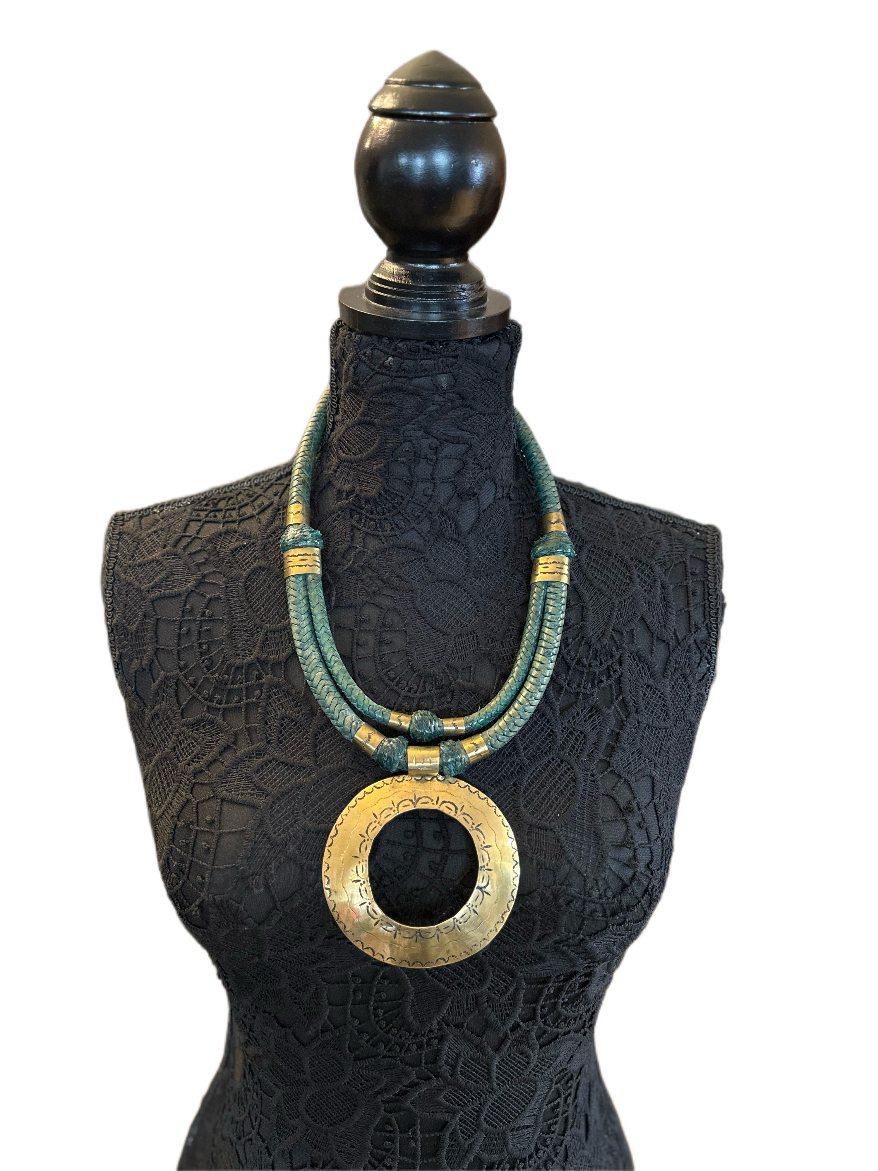Leather cord Statement necklace with brass pendant