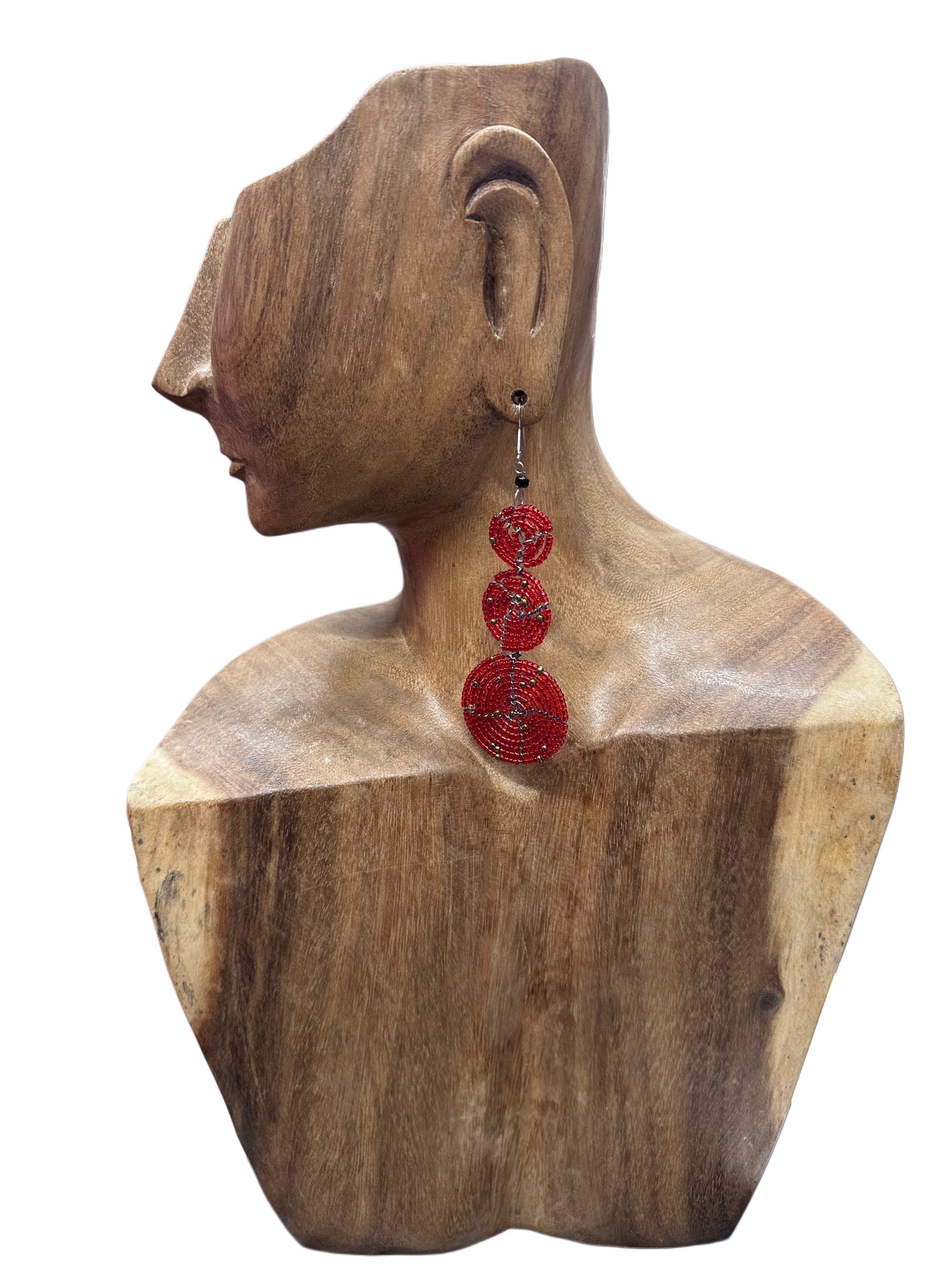 Triple Circle Beaded Red Earrings