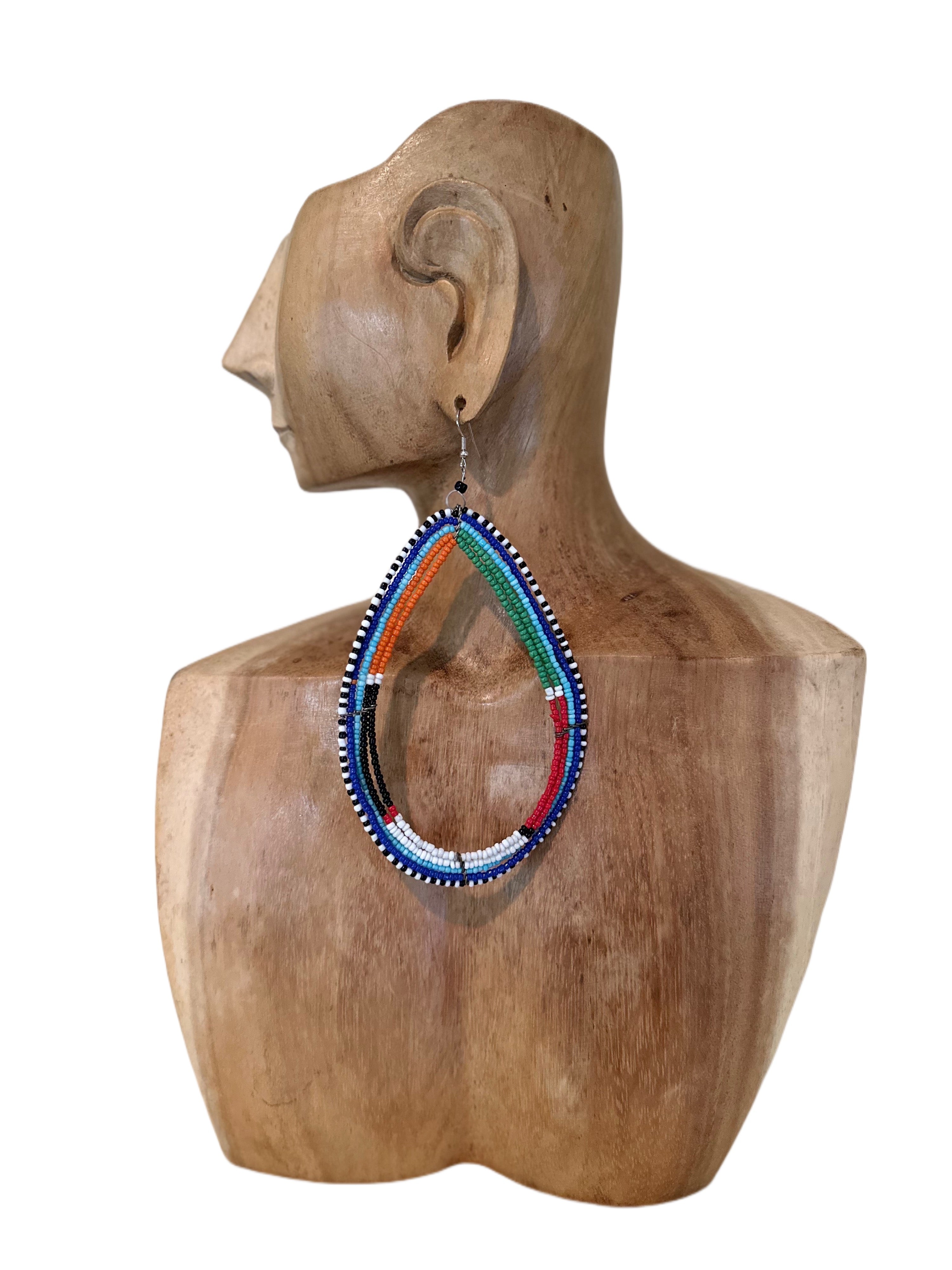 Large Handmade Beaded Tear Drop Earrings Blue Red Multi