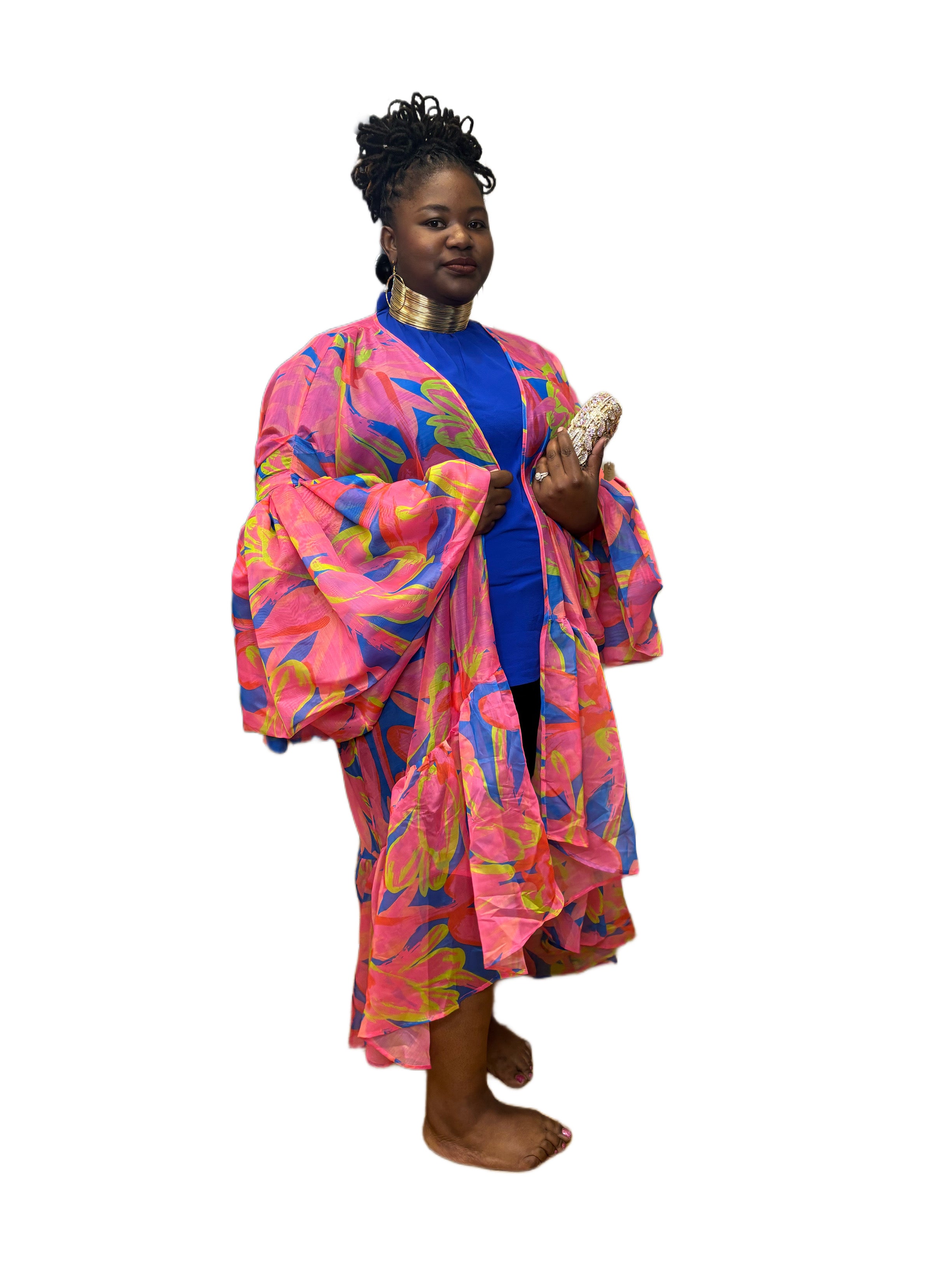 Sheer Print High Low Ruffle Sleeve Duster