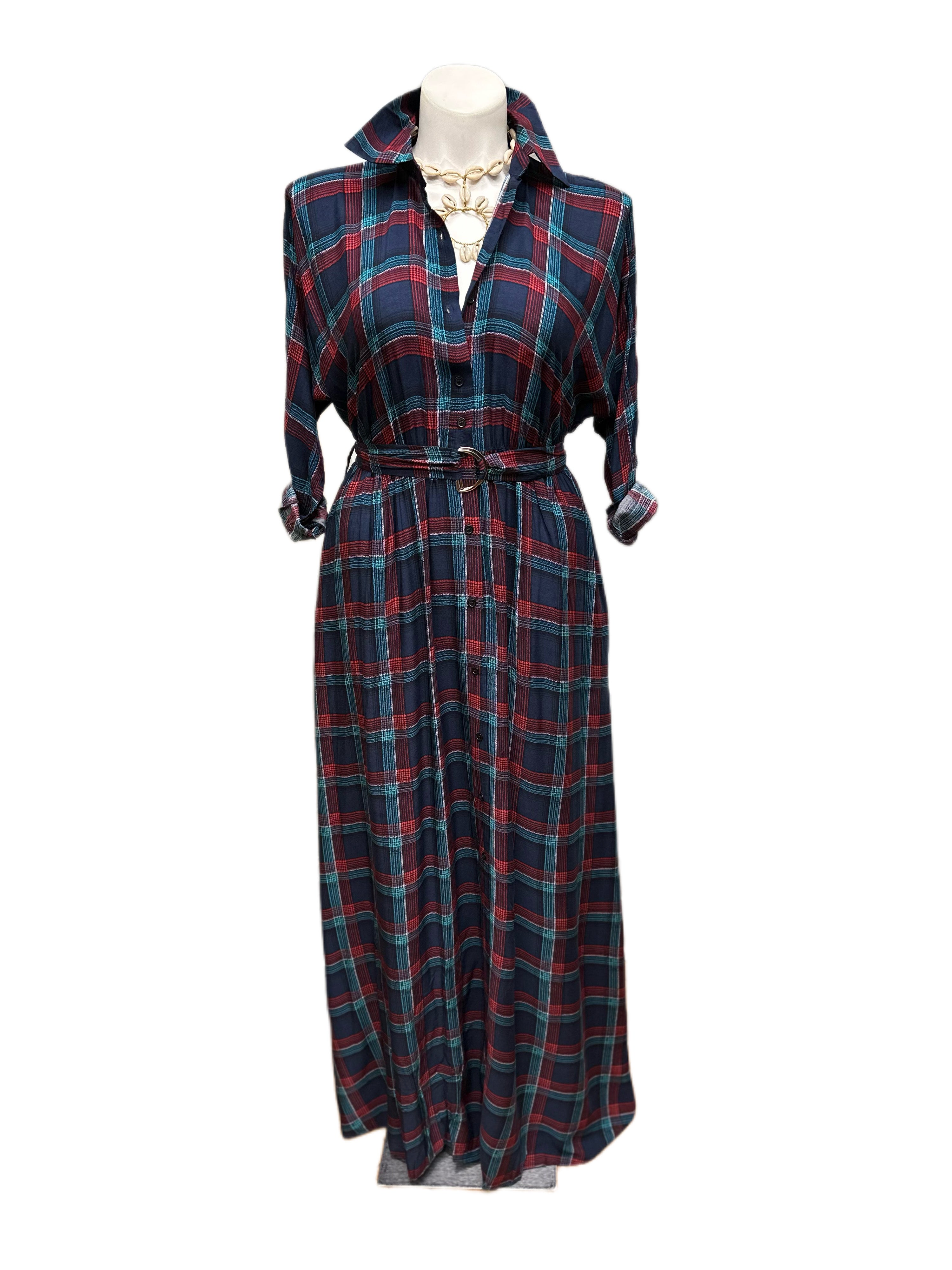 Plaid Button Front Dress or Duster with Belt