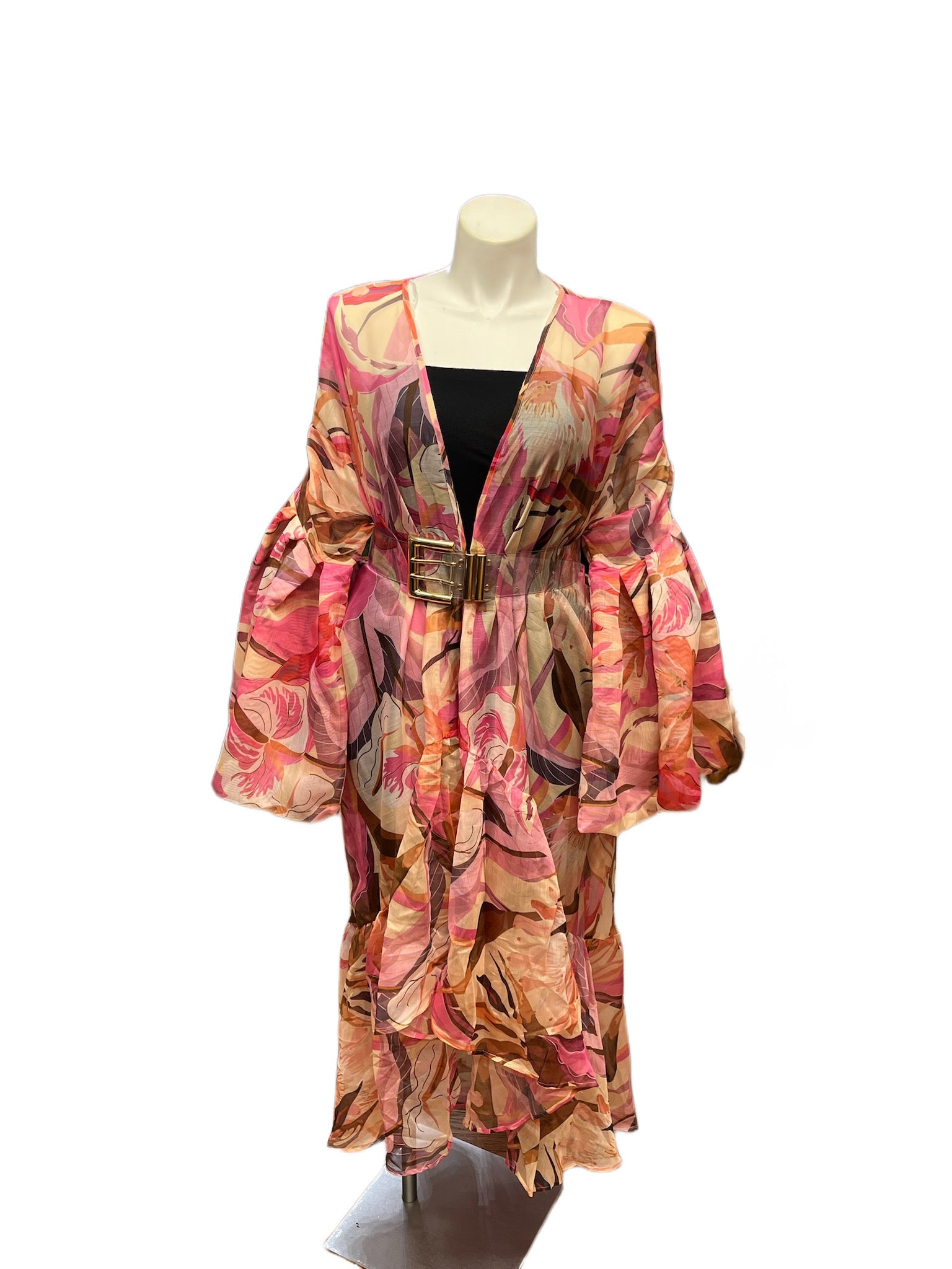 Sheer Print High Low Ruffle Sleeve Duster