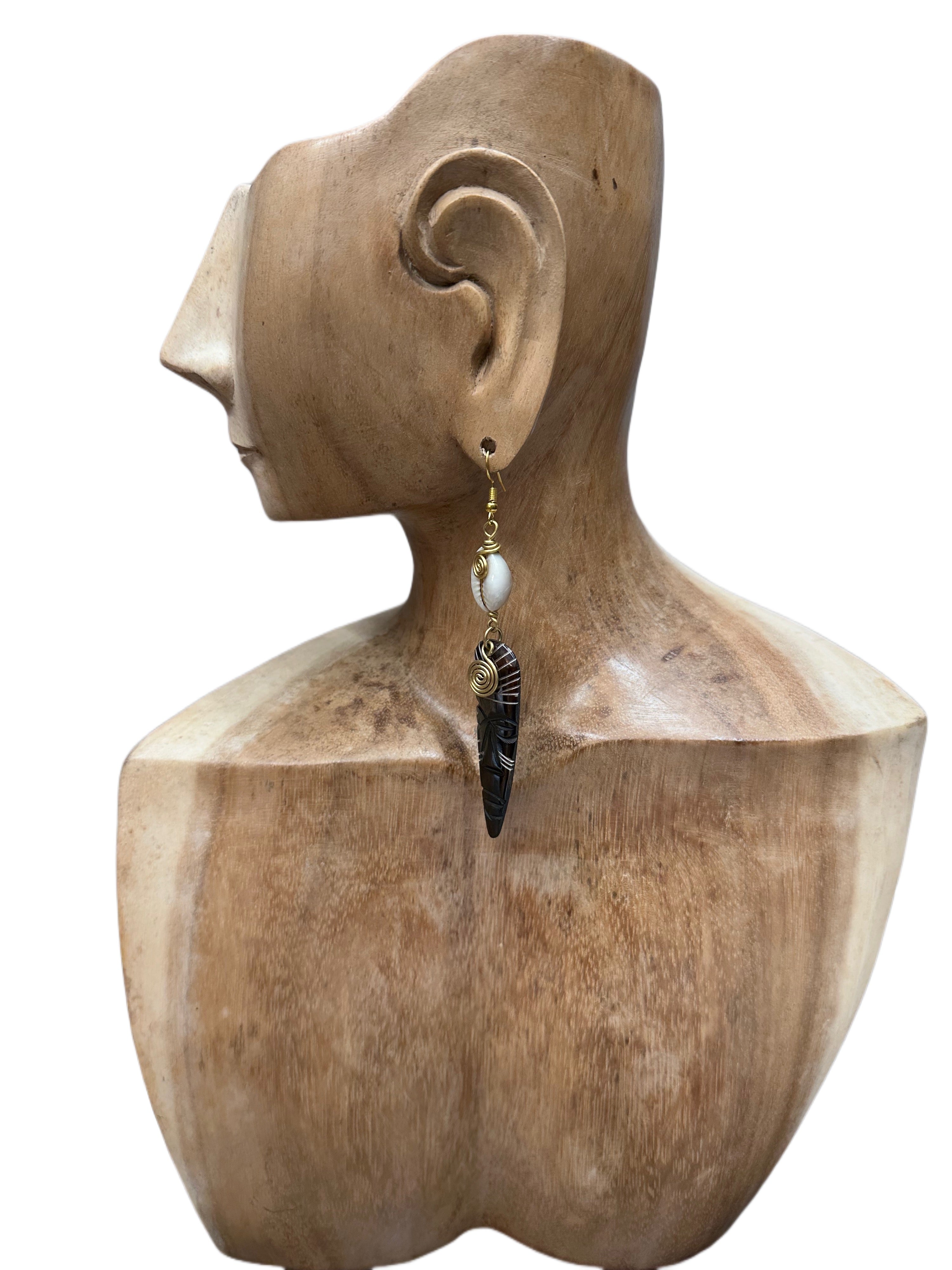 Brass & Bone Cowrie Mask Face Earrings