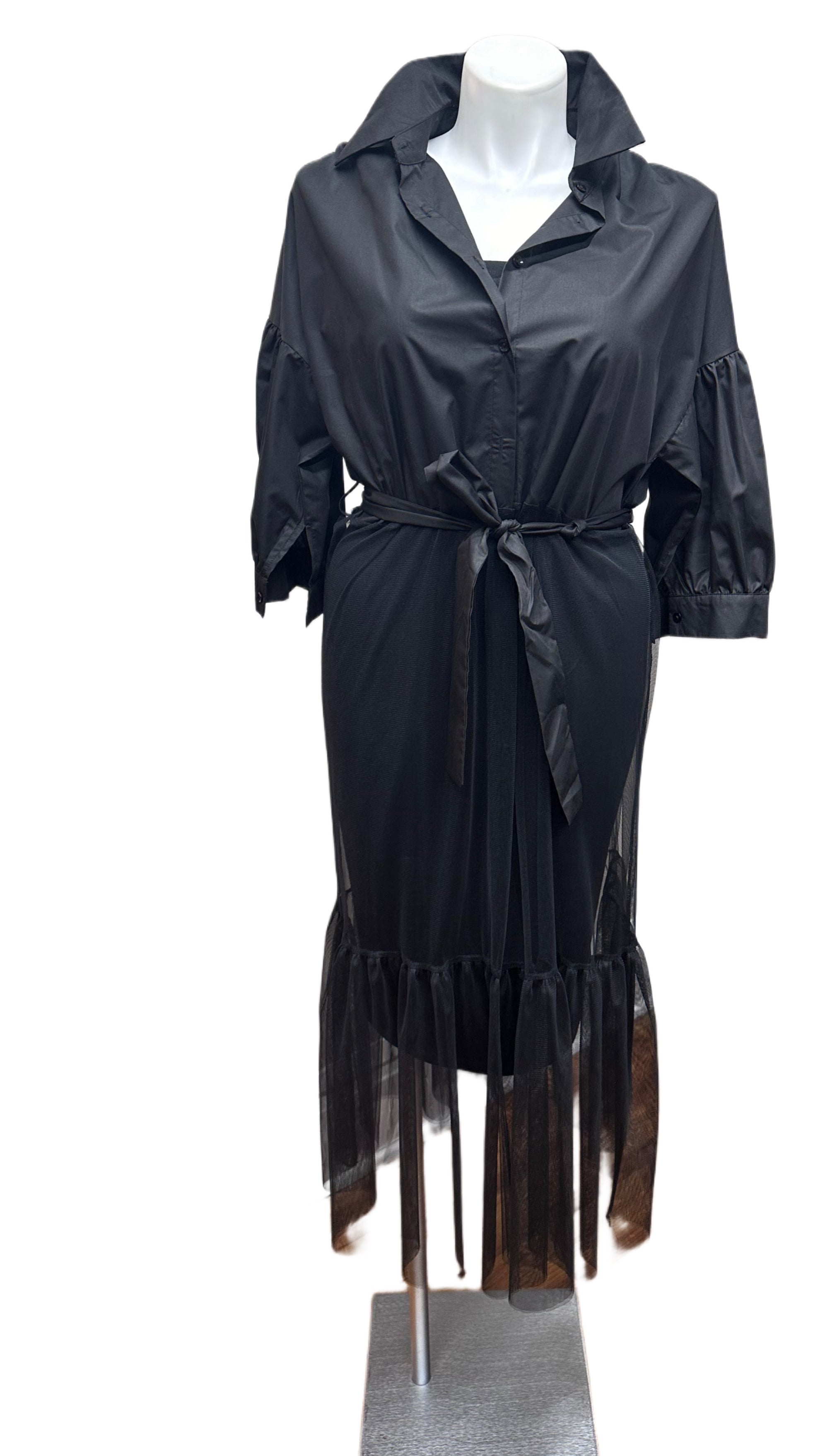 Button Front Collar Tunic Top with Ruffled Tulle Bottom and Tie Waist