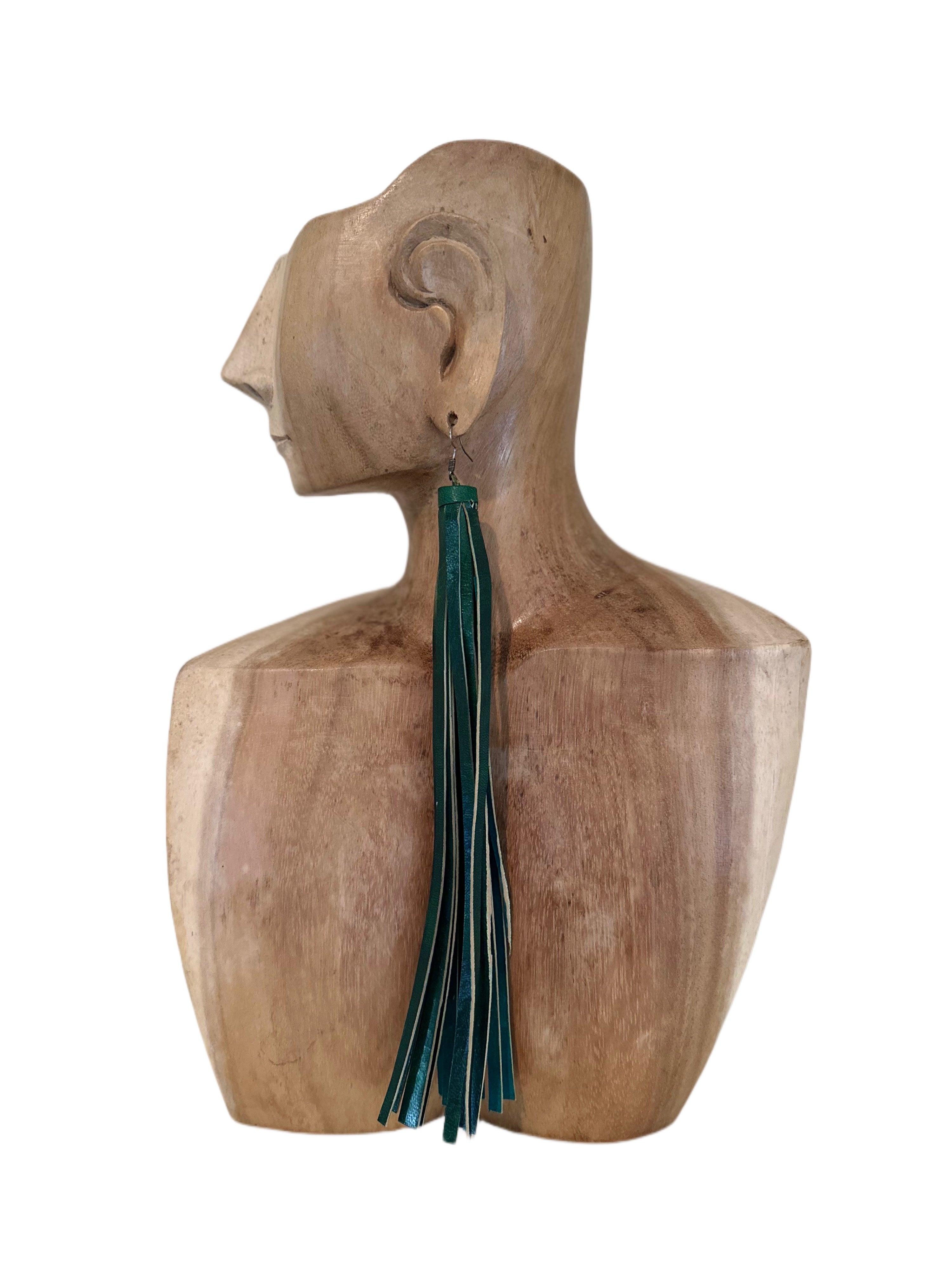 Extra Long Leather Tassel Earrings Green