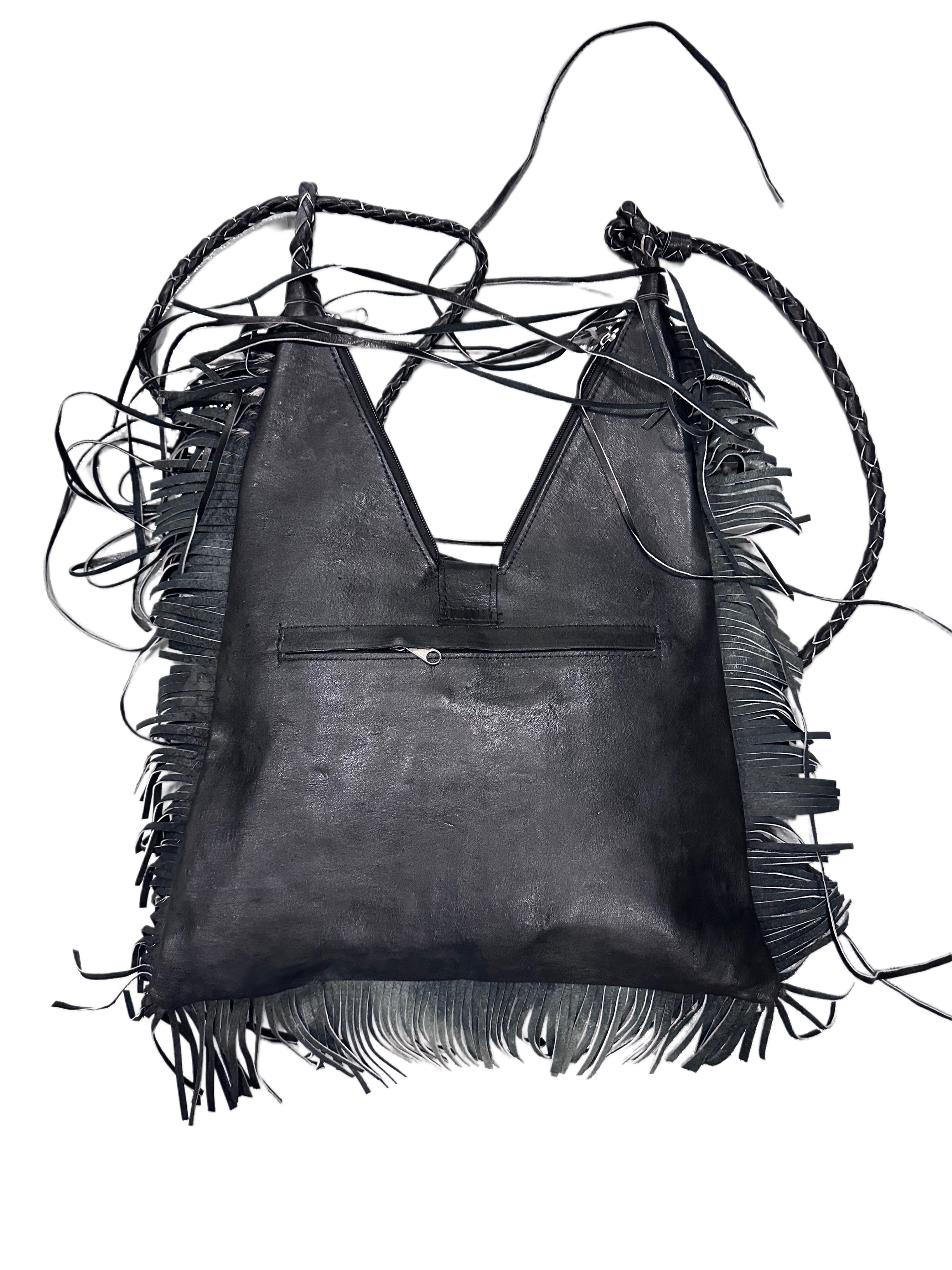 Handmade Leather & Cowhide Fringe Bag With Large Brass Closure