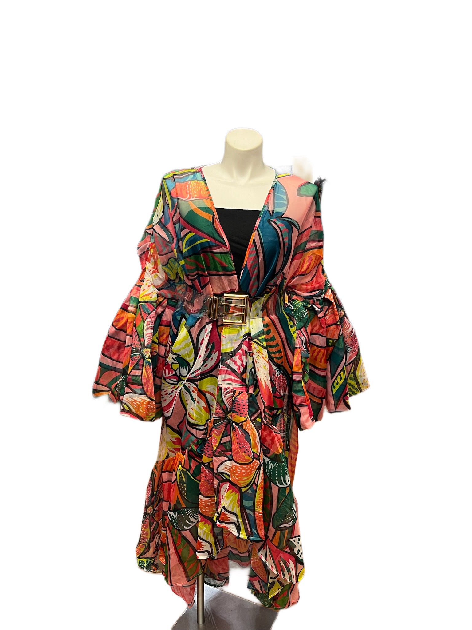 Sheer Print High Low Ruffle Sleeve Duster