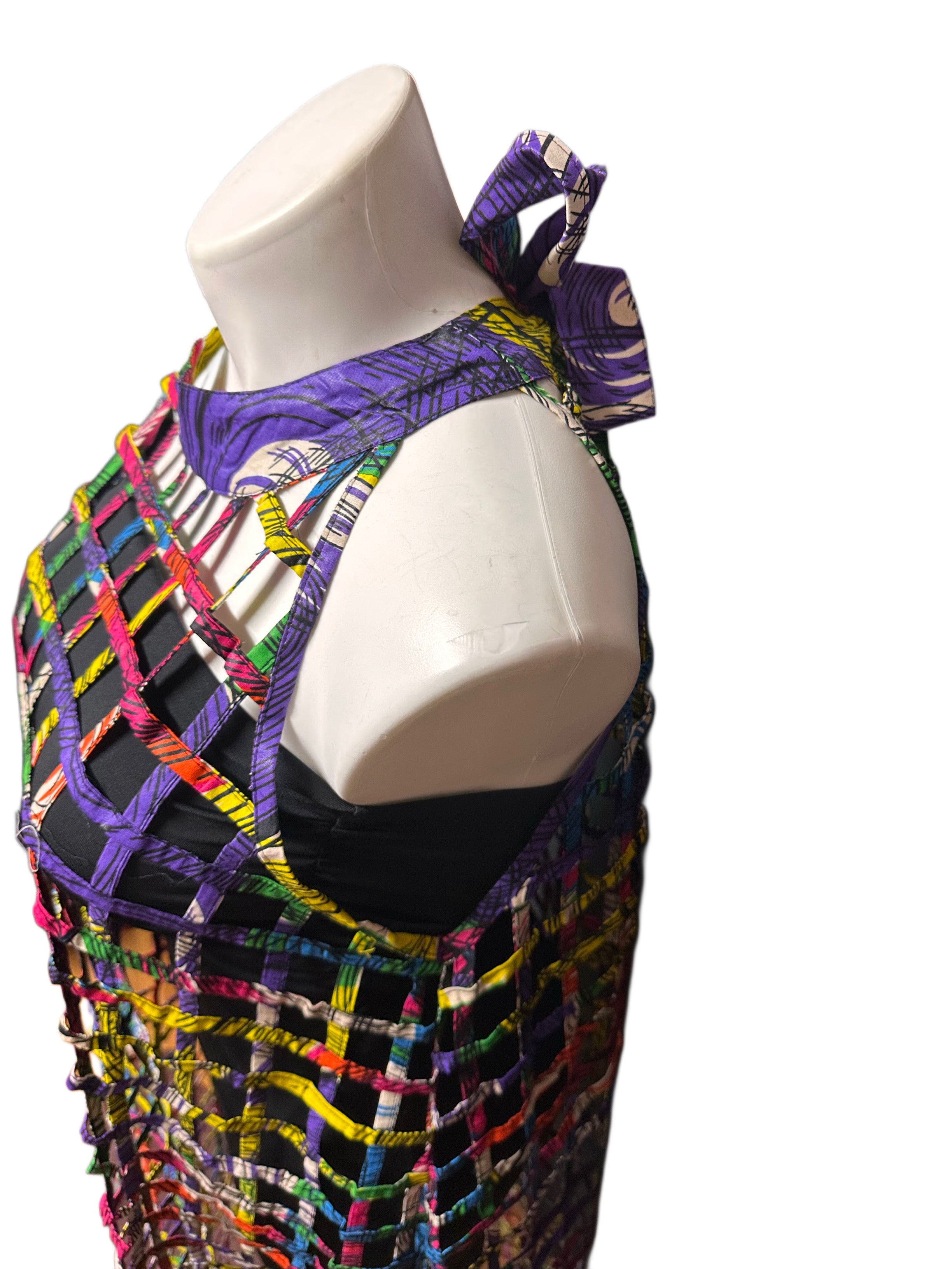 Ankara Tie Neck Cage Dress With Belt