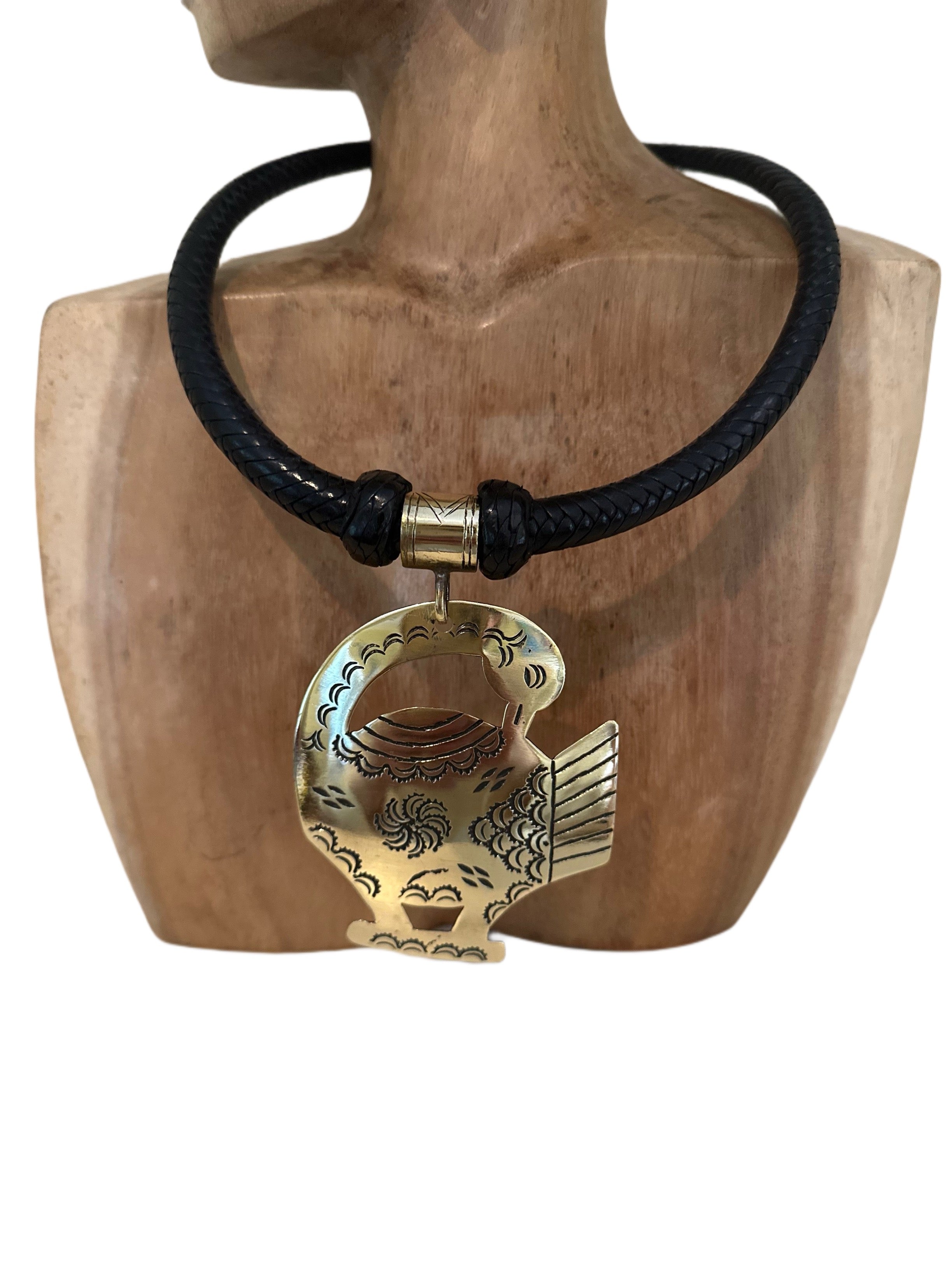 Leather Collar Necklace With Medium Sized Brass Pendant Black