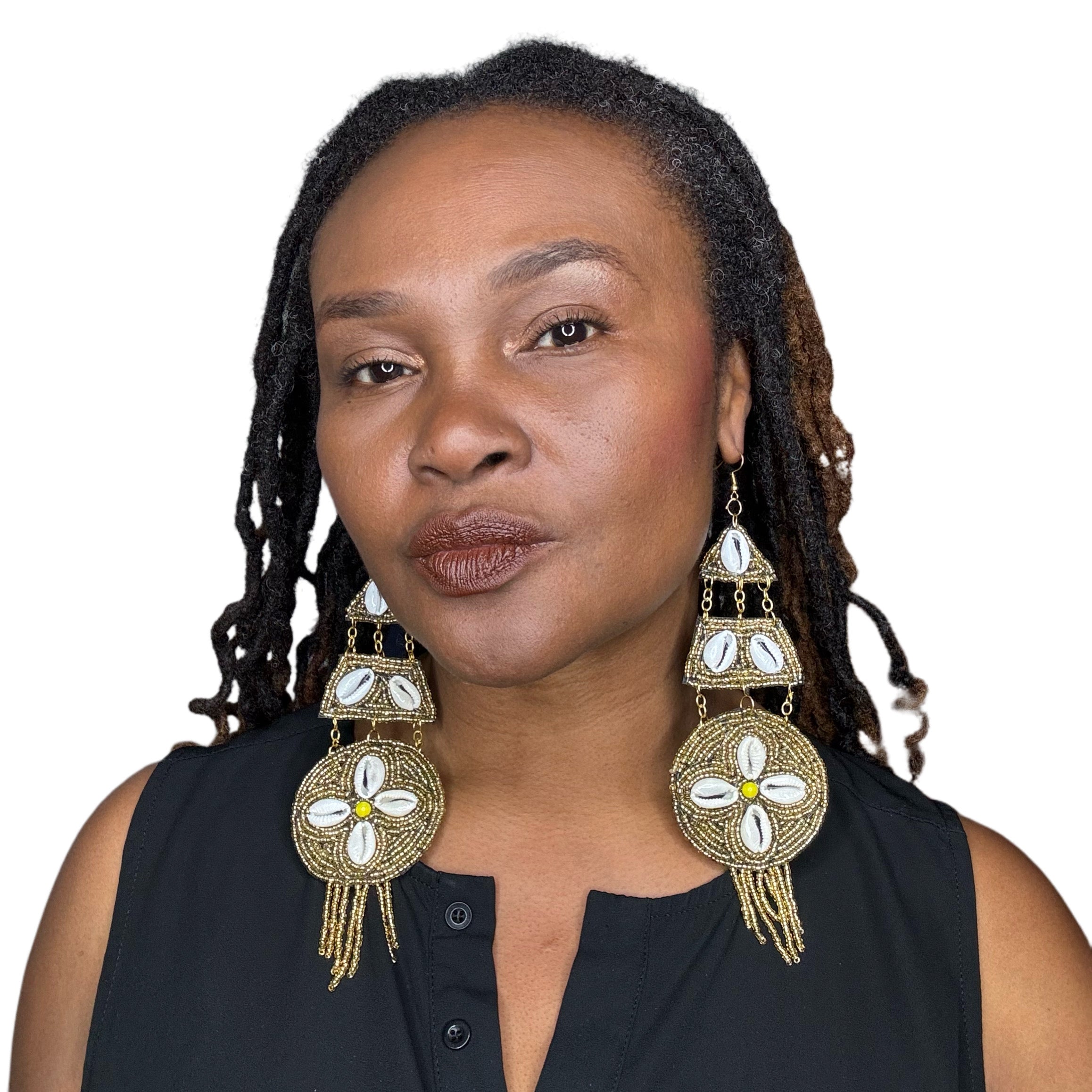 Long Handmade Beaded Statement Earrings Gold