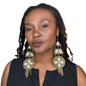 Long Handmade Beaded Statement Earrings Gold