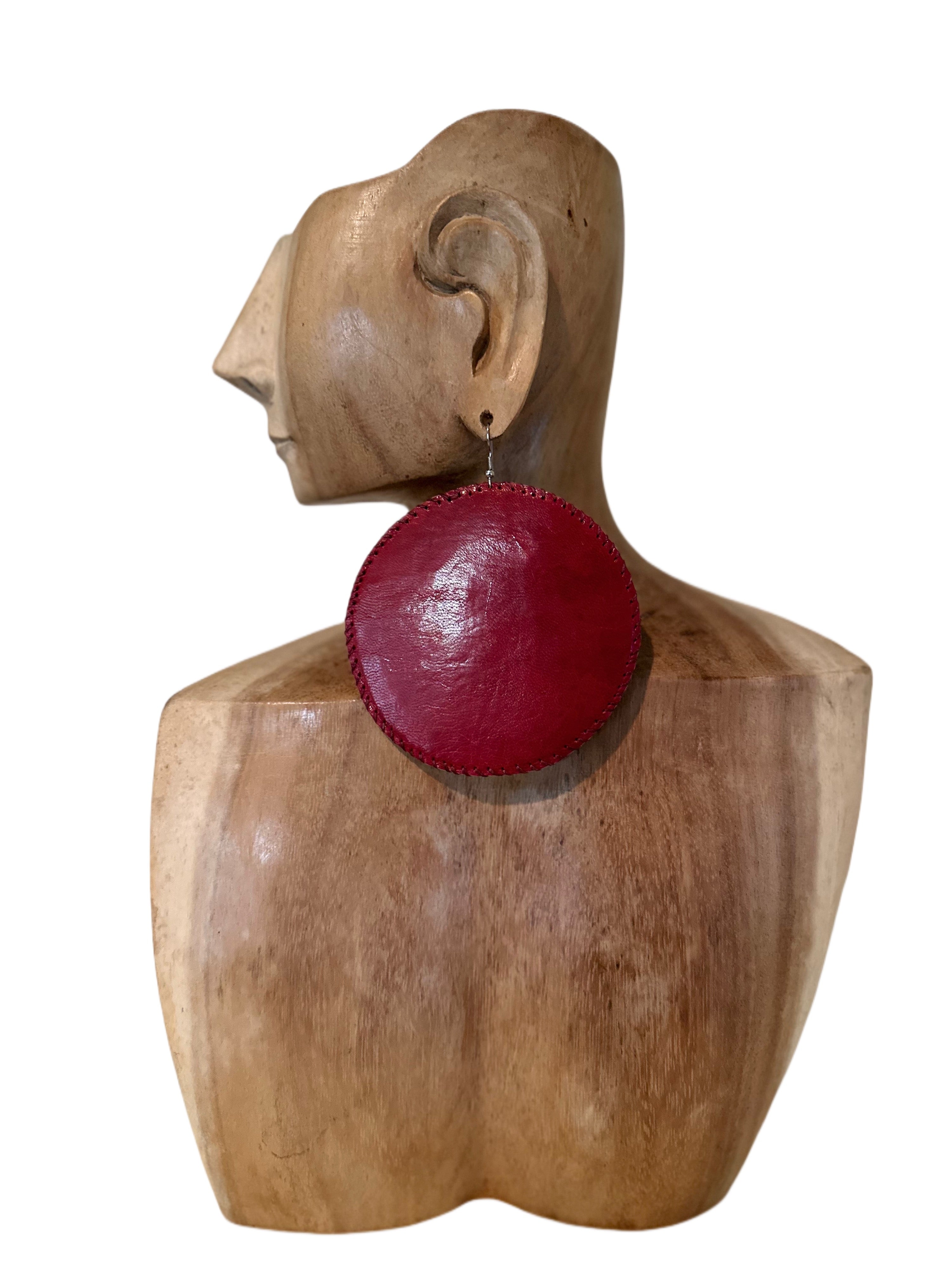 Large Red Leather Circle Earring