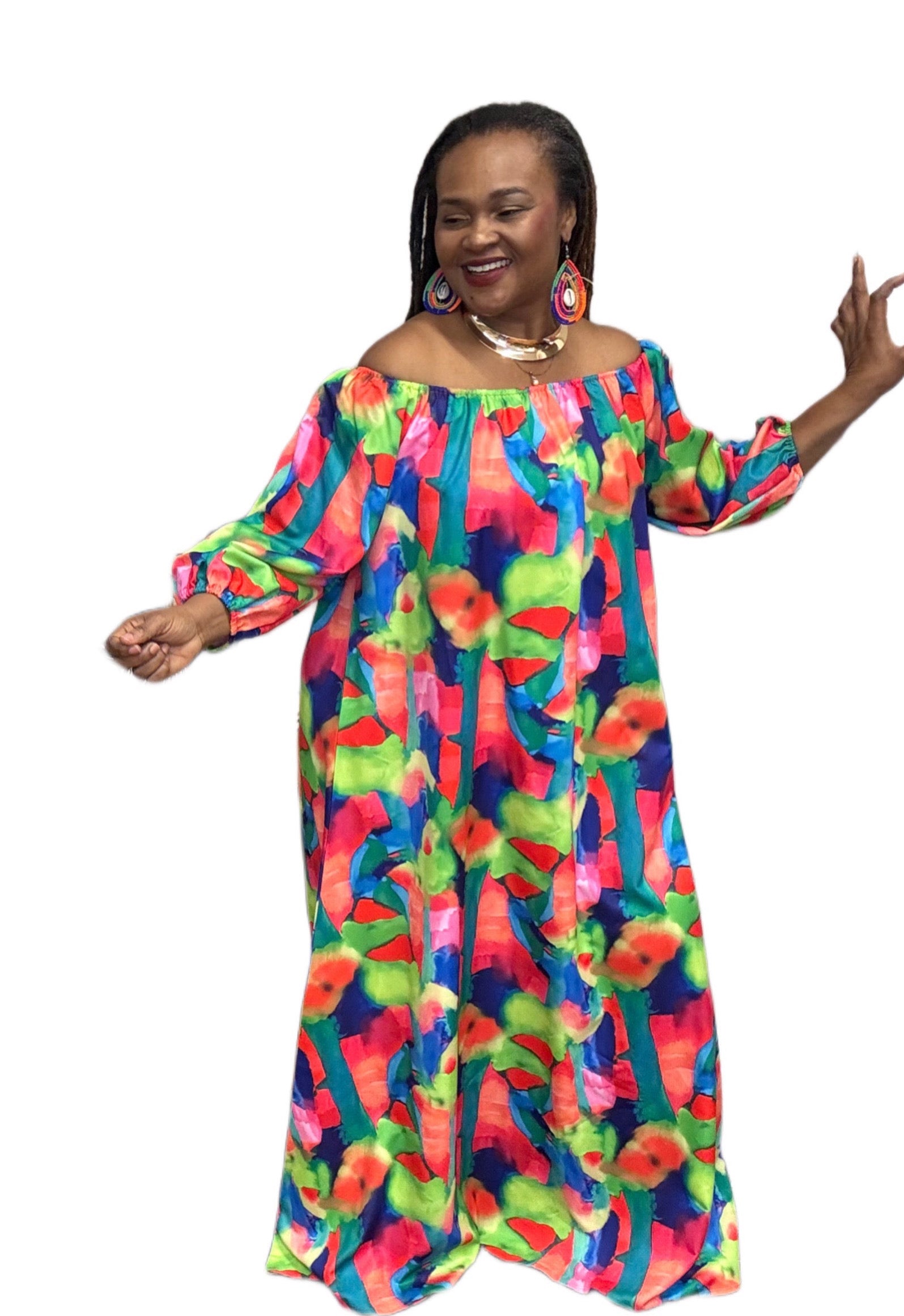 Water Color Brightly Print Off the shoulder Long Sleeve Belted Maxi Dress