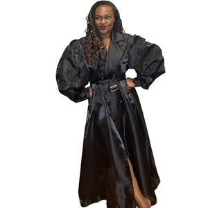Black Semi-Sheer Puff Shoulder Belted Trench Coat Dress